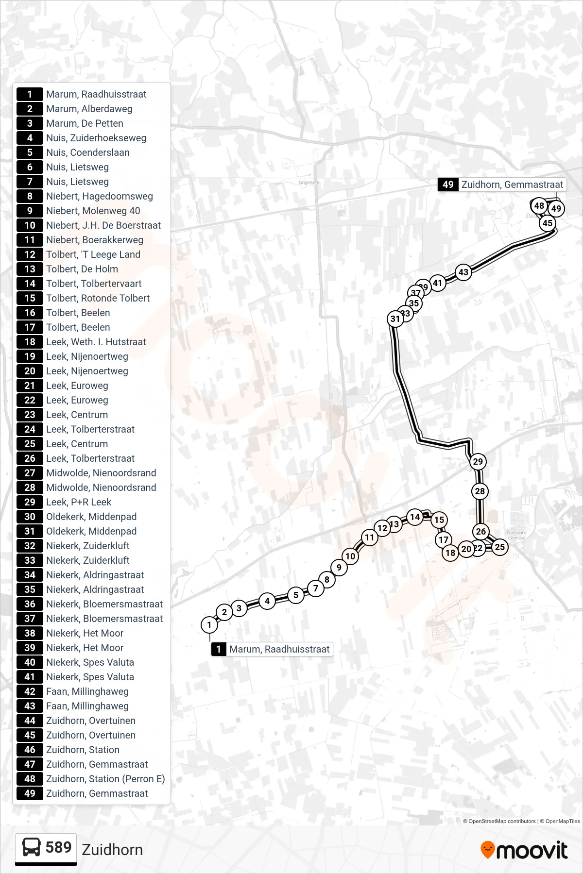 Lijn 589 (bus, Zuidhorn): route en haltes op de kaart