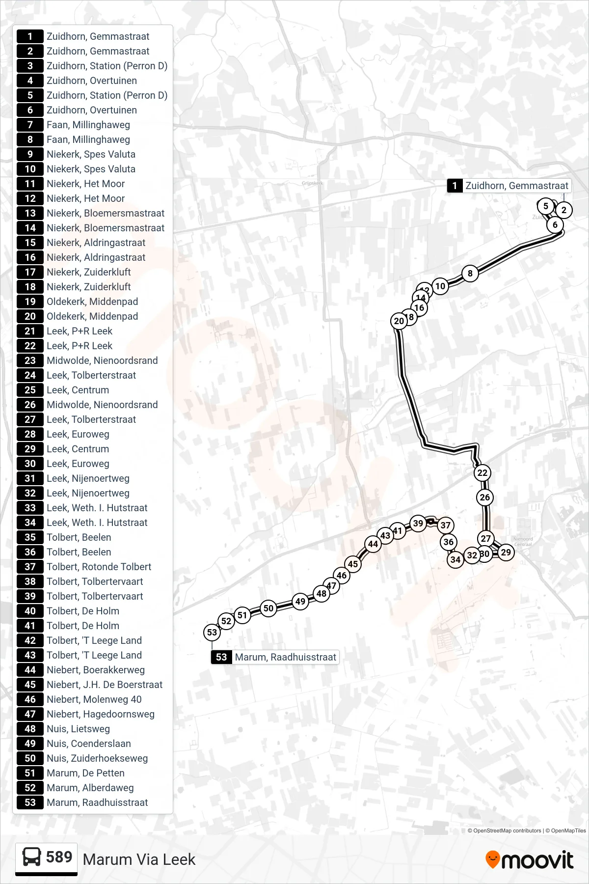 Lijn 589 (bus, Marum Via Leek): route en haltes op de kaart