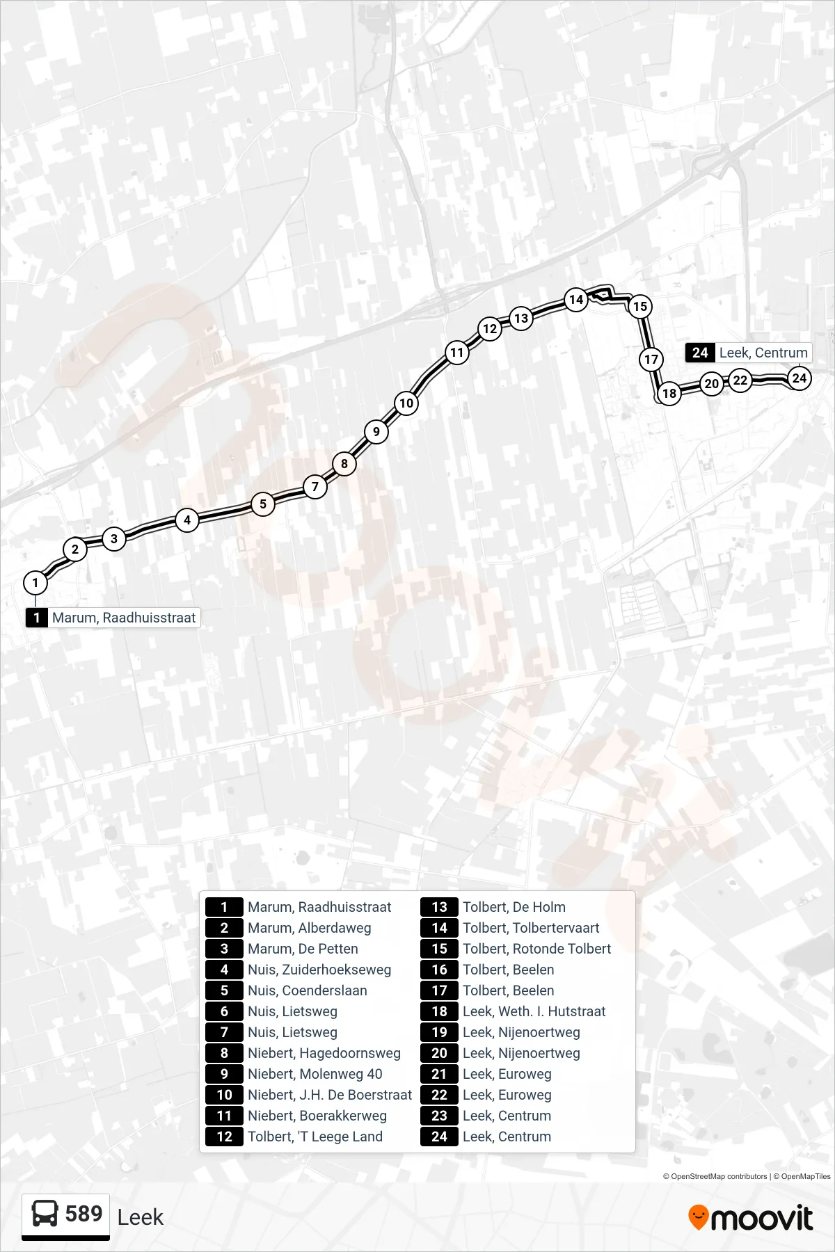 Lijn 589 (bus, Leek): route en haltes op de kaart