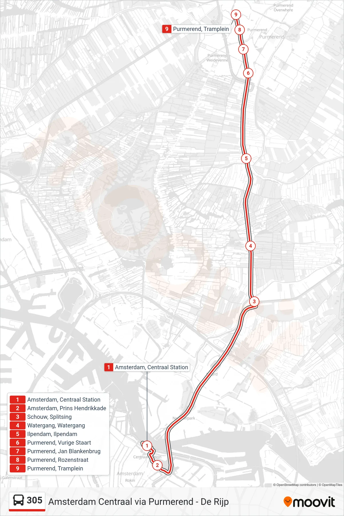 Lijn 305 (bus, Purmerend): route en haltes op de kaart