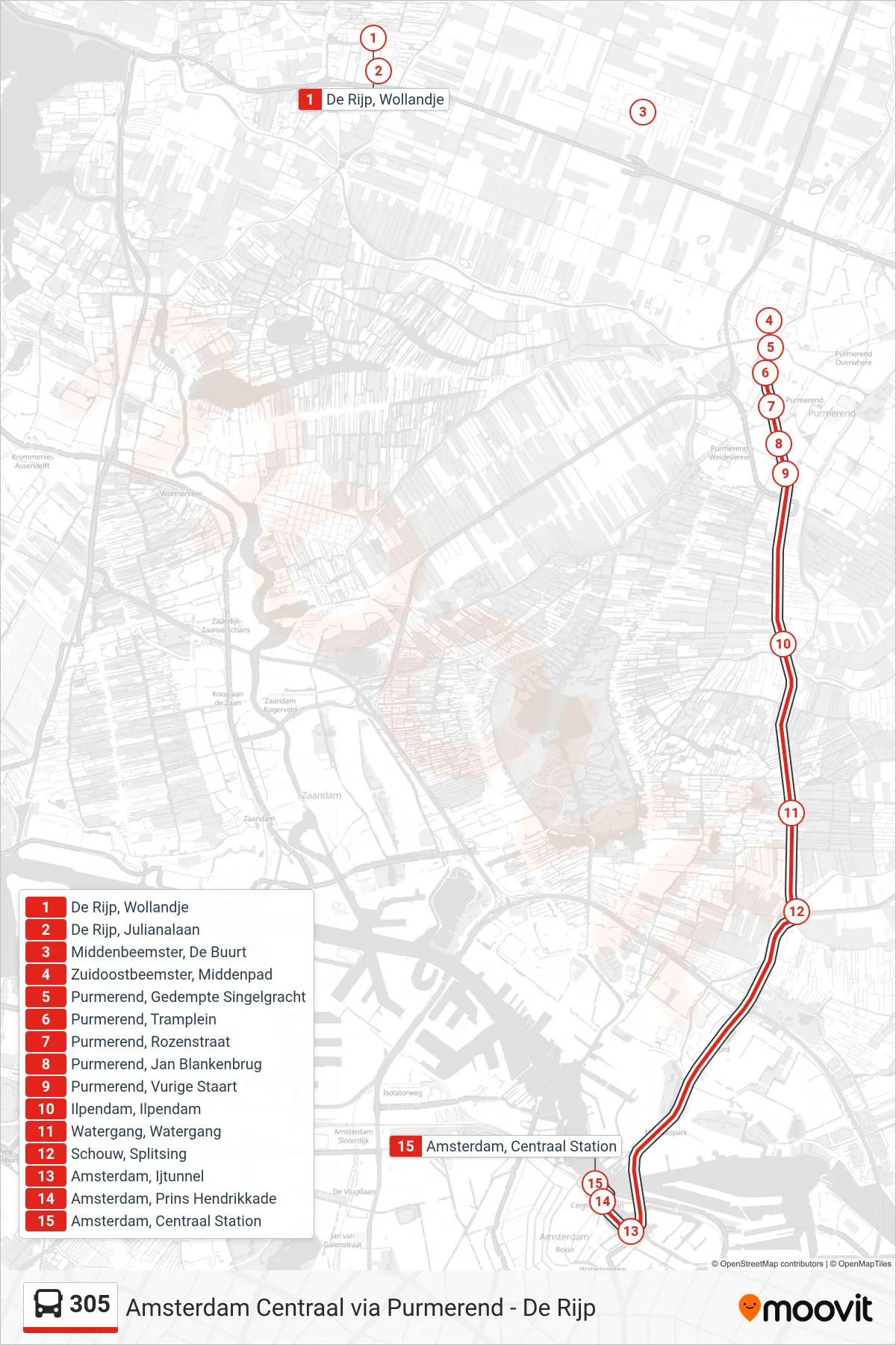 305 bus Line (Amsterdam Centraal) route and stops on a map