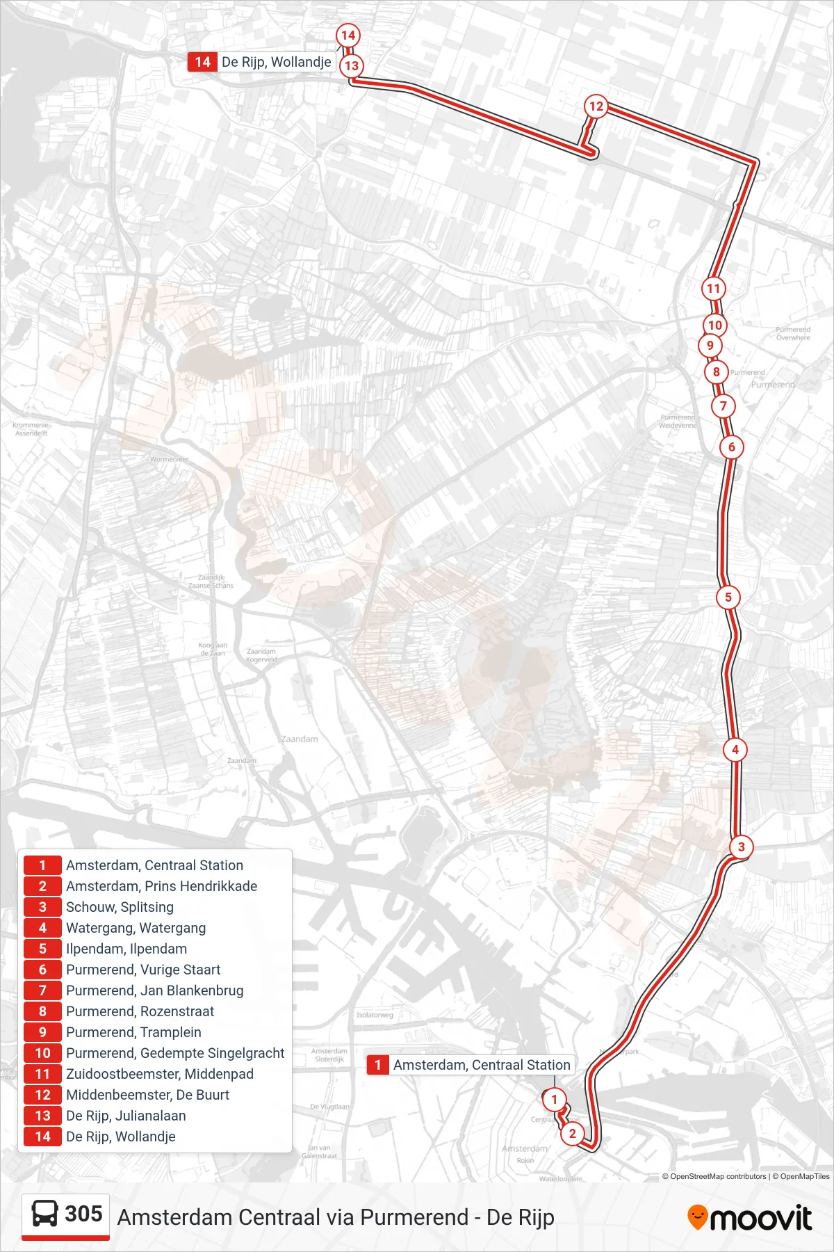 Lijn 305 (bus, De Rijp): route en haltes op de kaart