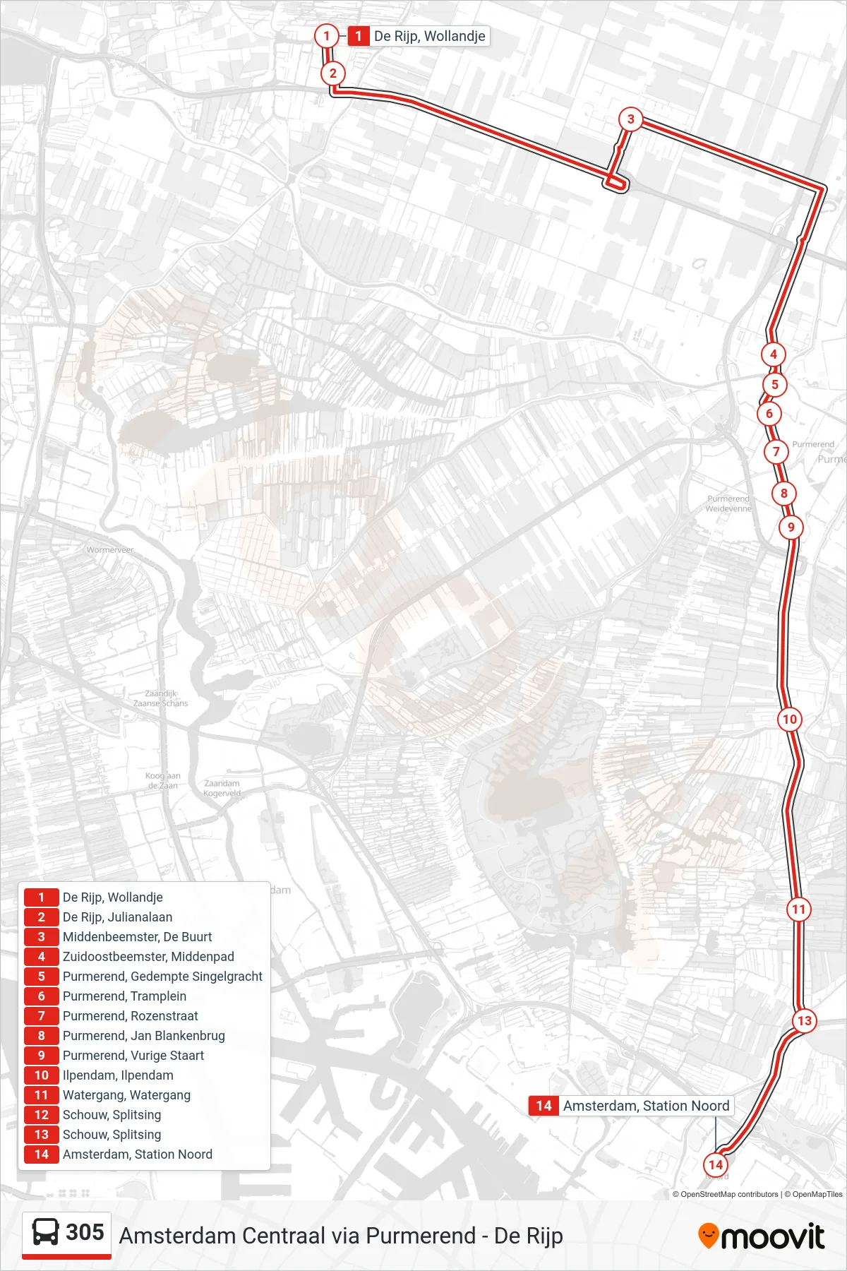 305 bus Line (Amsterdam Noord) route and stops on a map