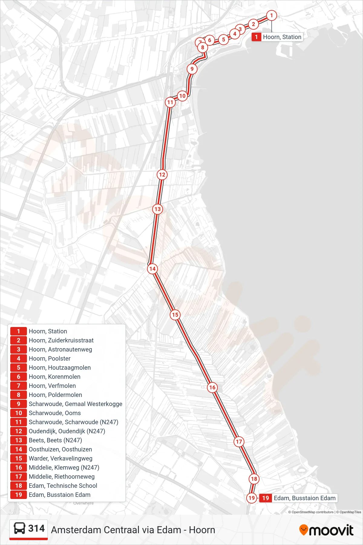 314 bus Line (Edam) route and stops on a map