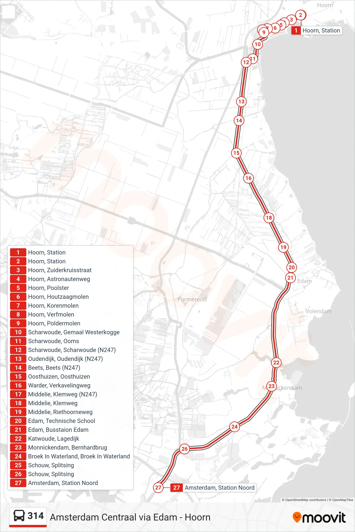 314 bus Line (Amsterdam Noord) route and stops on a map