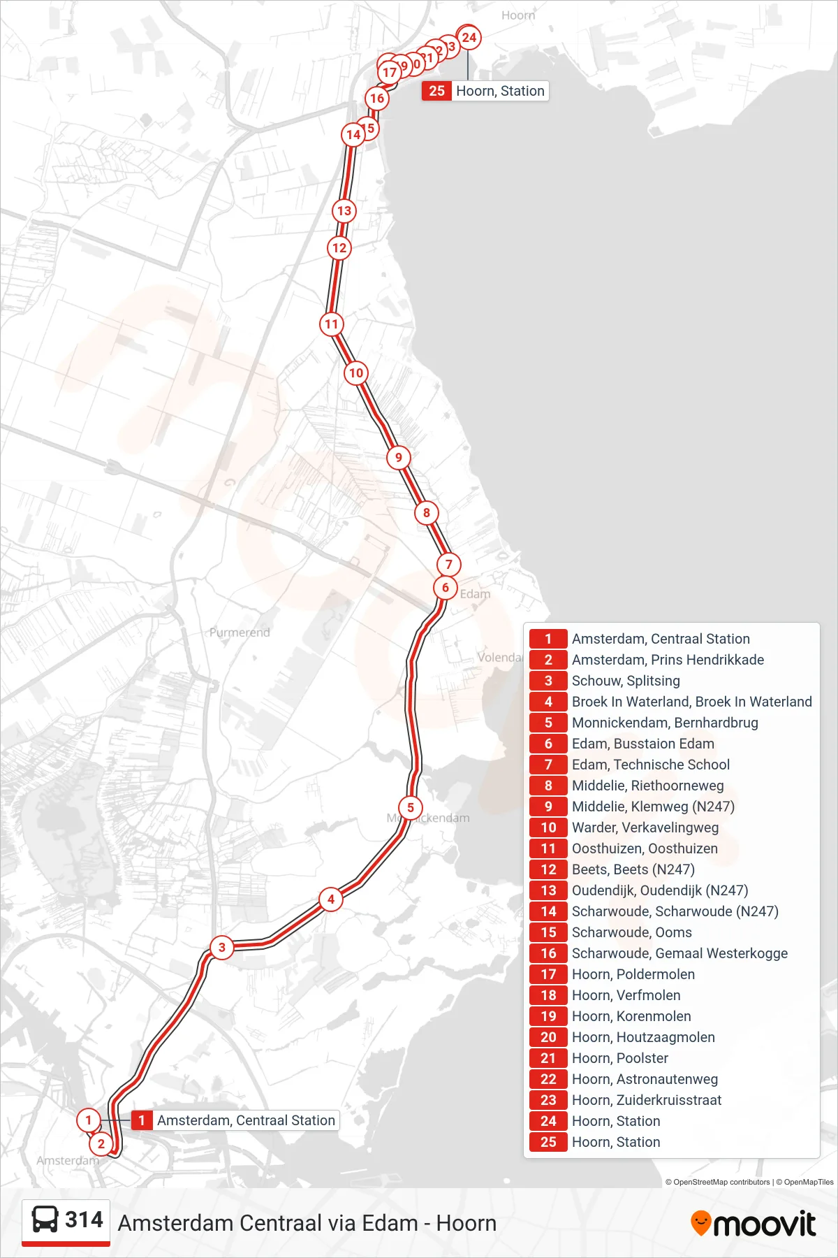 Lijn 314 (bus, Edam-Hoorn): route en haltes op de kaart