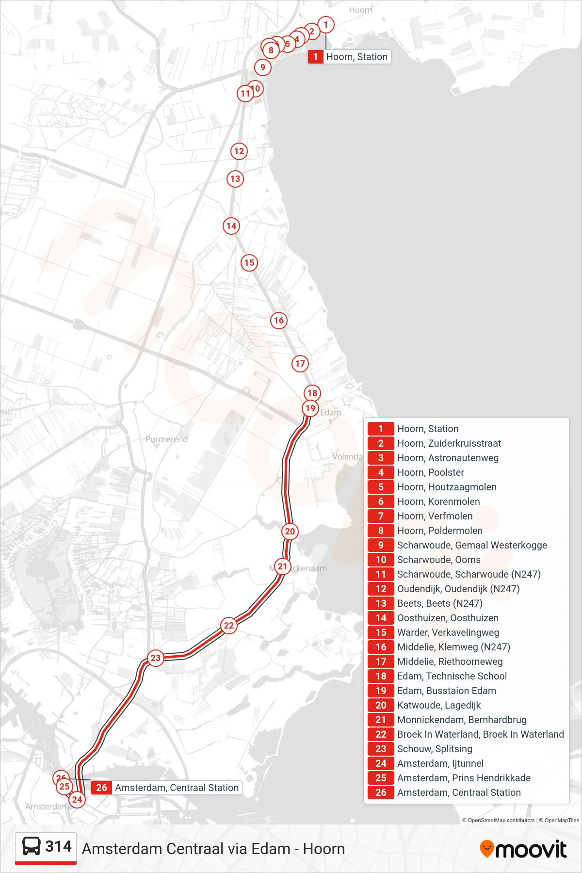 Lijn 314 (bus, Amsterdam Centraal): route en haltes op de kaart