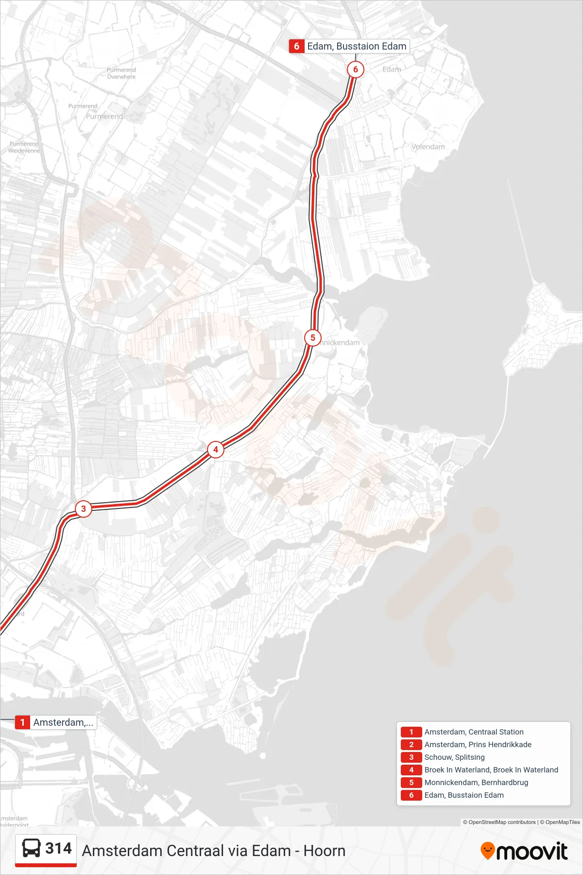 Lijn 314 (bus, Edam): route en haltes op de kaart