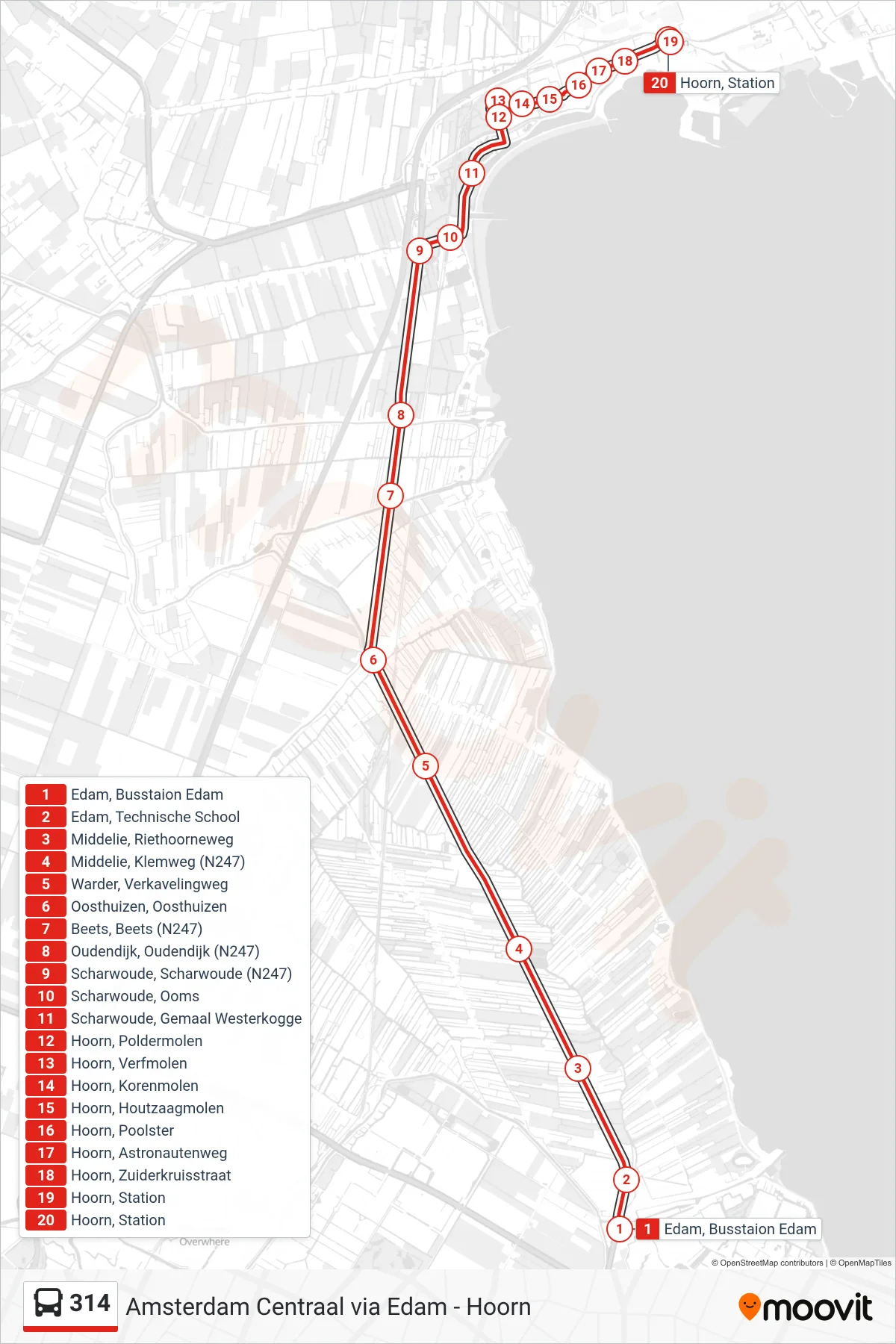 Lijn 314 (bus, Hoorn): route en haltes op de kaart