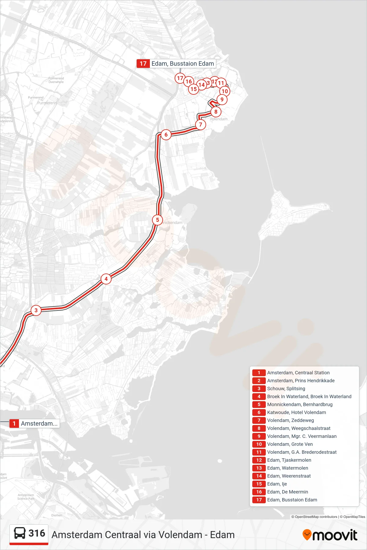 Lijn 316 (bus, Volendam-Edam): route en haltes op de kaart