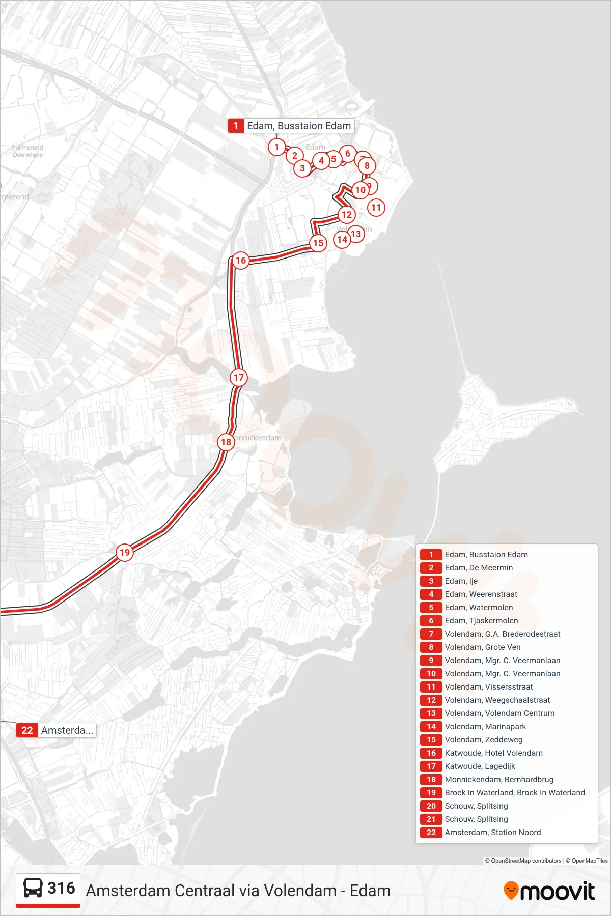 Lijn 316 (bus, Amsterdam Noord): route en haltes op de kaart