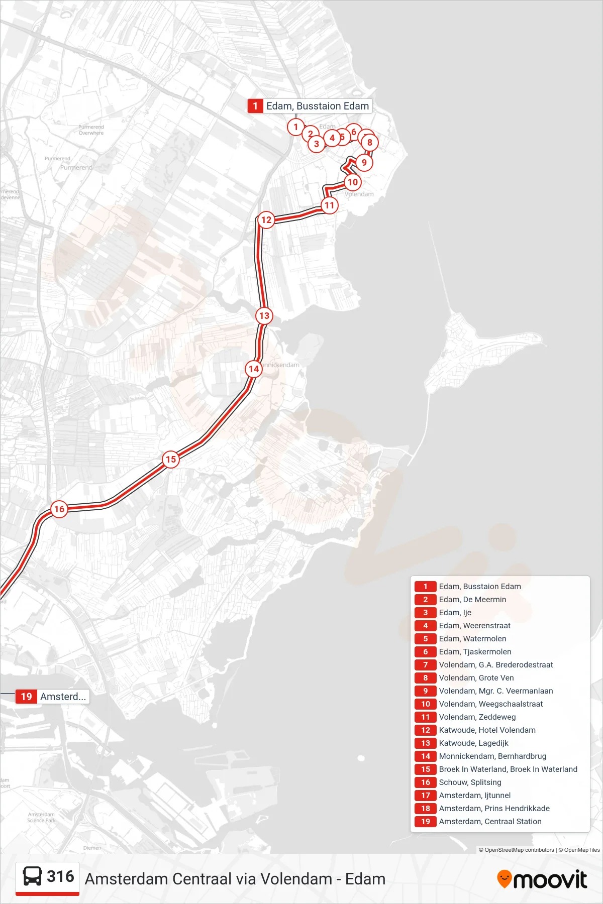 316 bus Line (Amsterdam Centraal) route and stops on a map