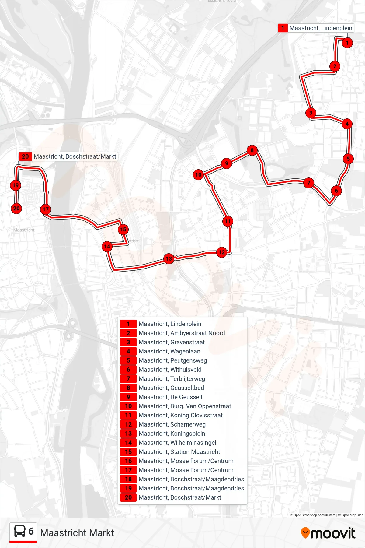 Lijn 6 (bus, Maastricht Markt): route en haltes op de kaart