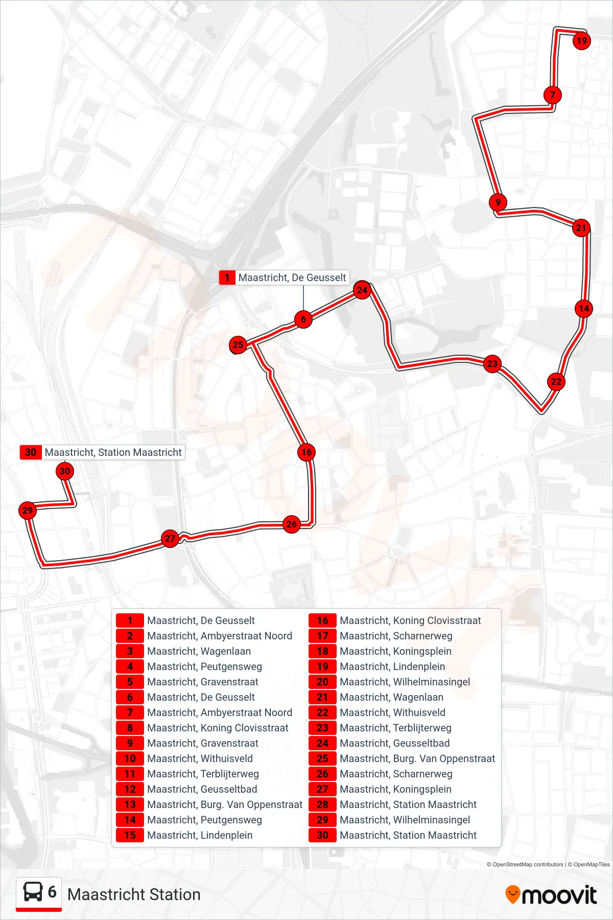 Lijn 6 (bus, Maastricht Station): route en haltes op de kaart