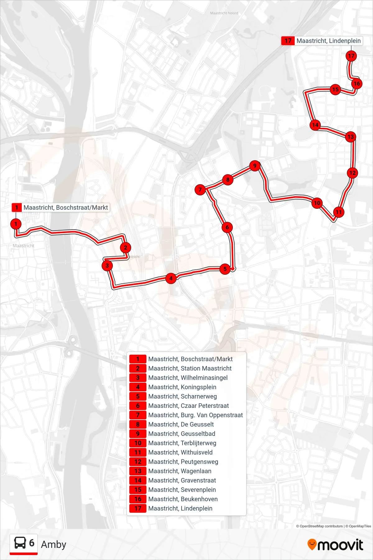 6 bus Line (Amby) route and stops on a map