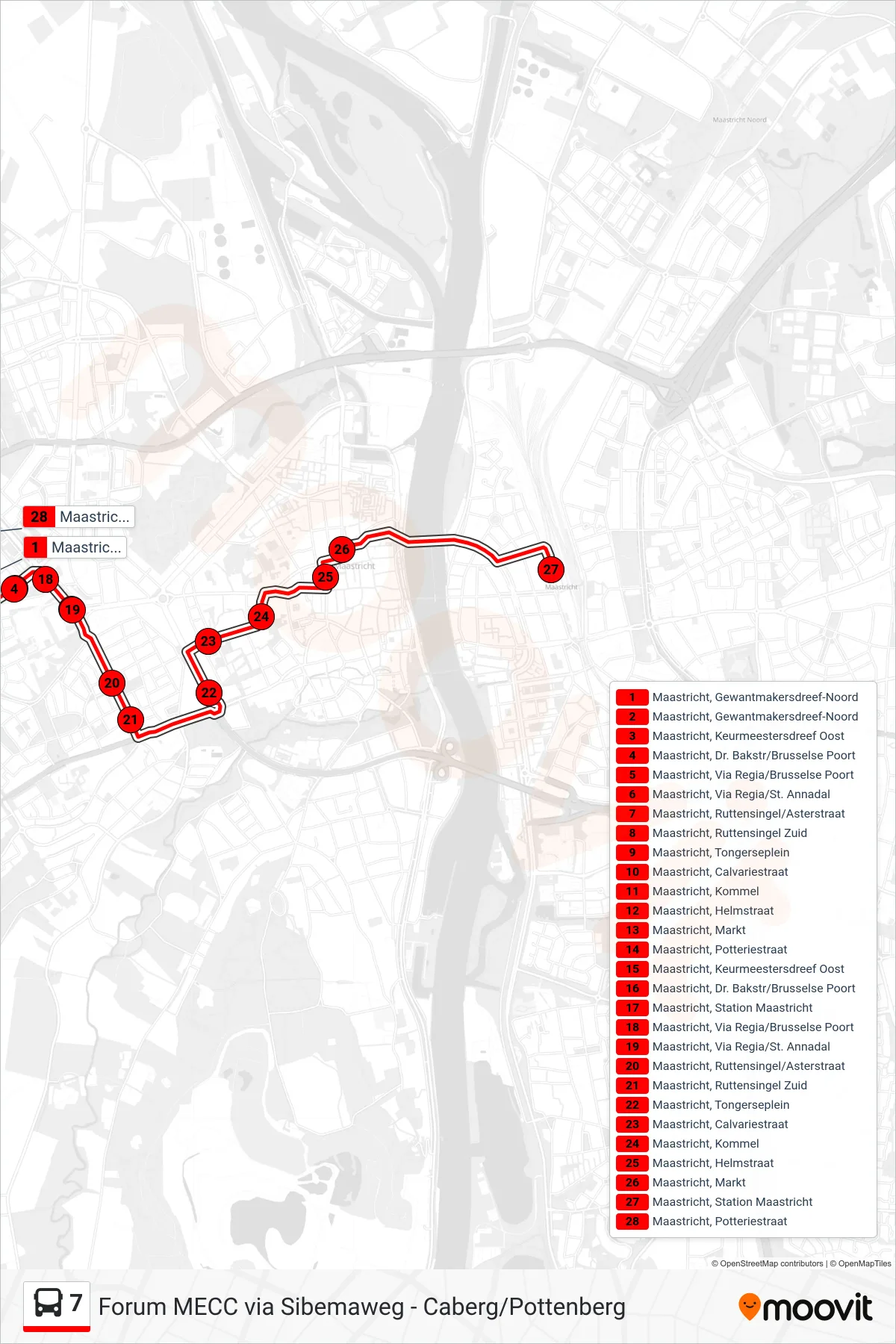 Lijn 7 (bus, Maastricht Station): route en haltes op de kaart