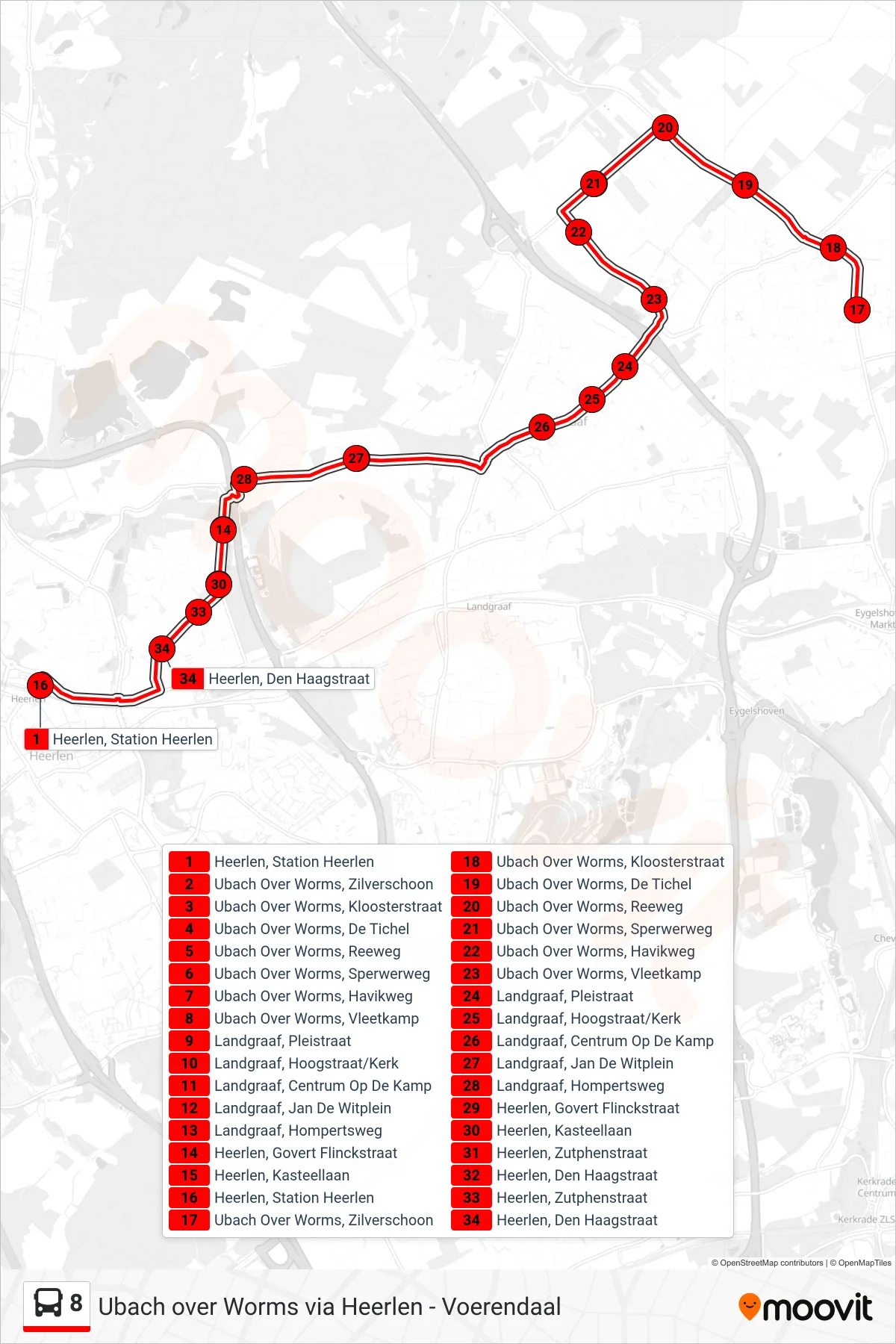 Lijn 8 (bus, Heerlen Station): route en haltes op de kaart