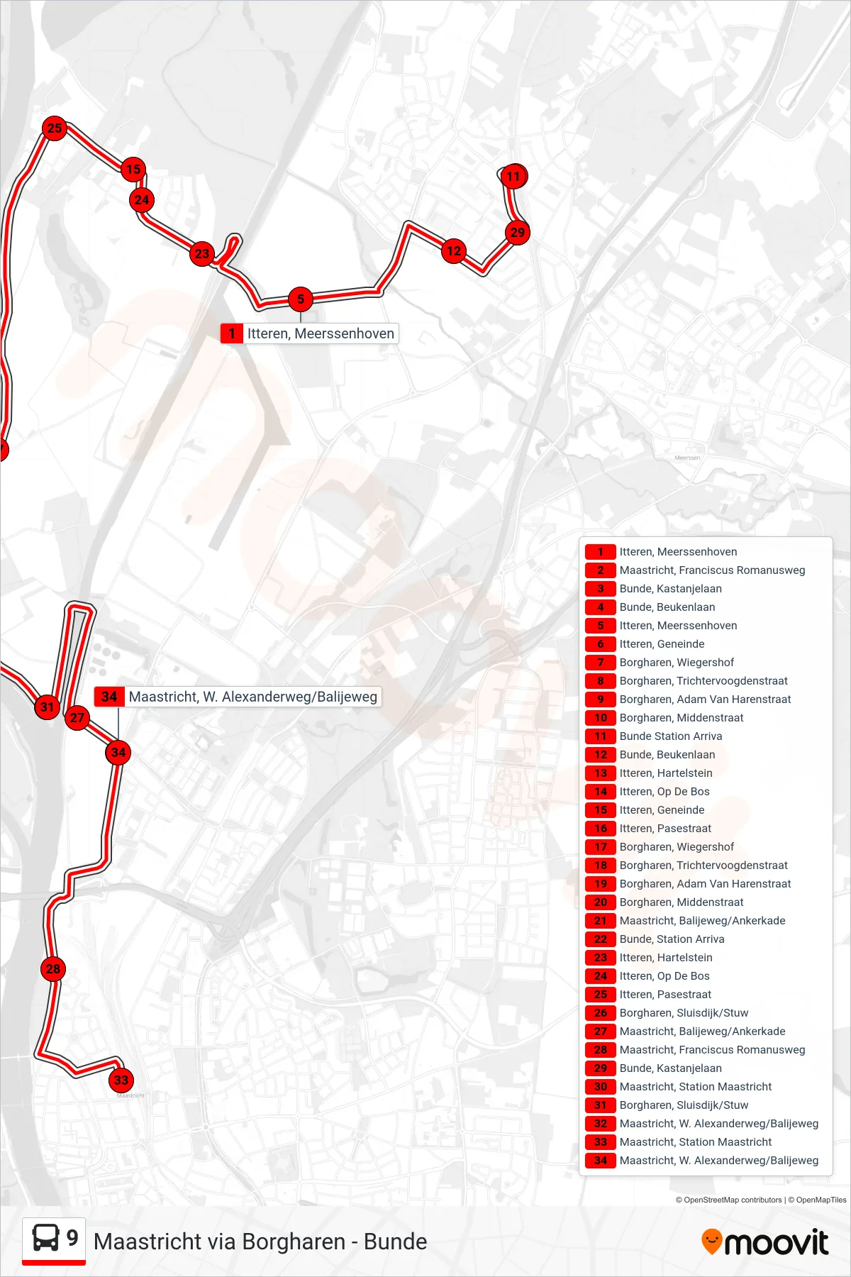 Lijn 9 (bus, Maastricht): route en haltes op de kaart
