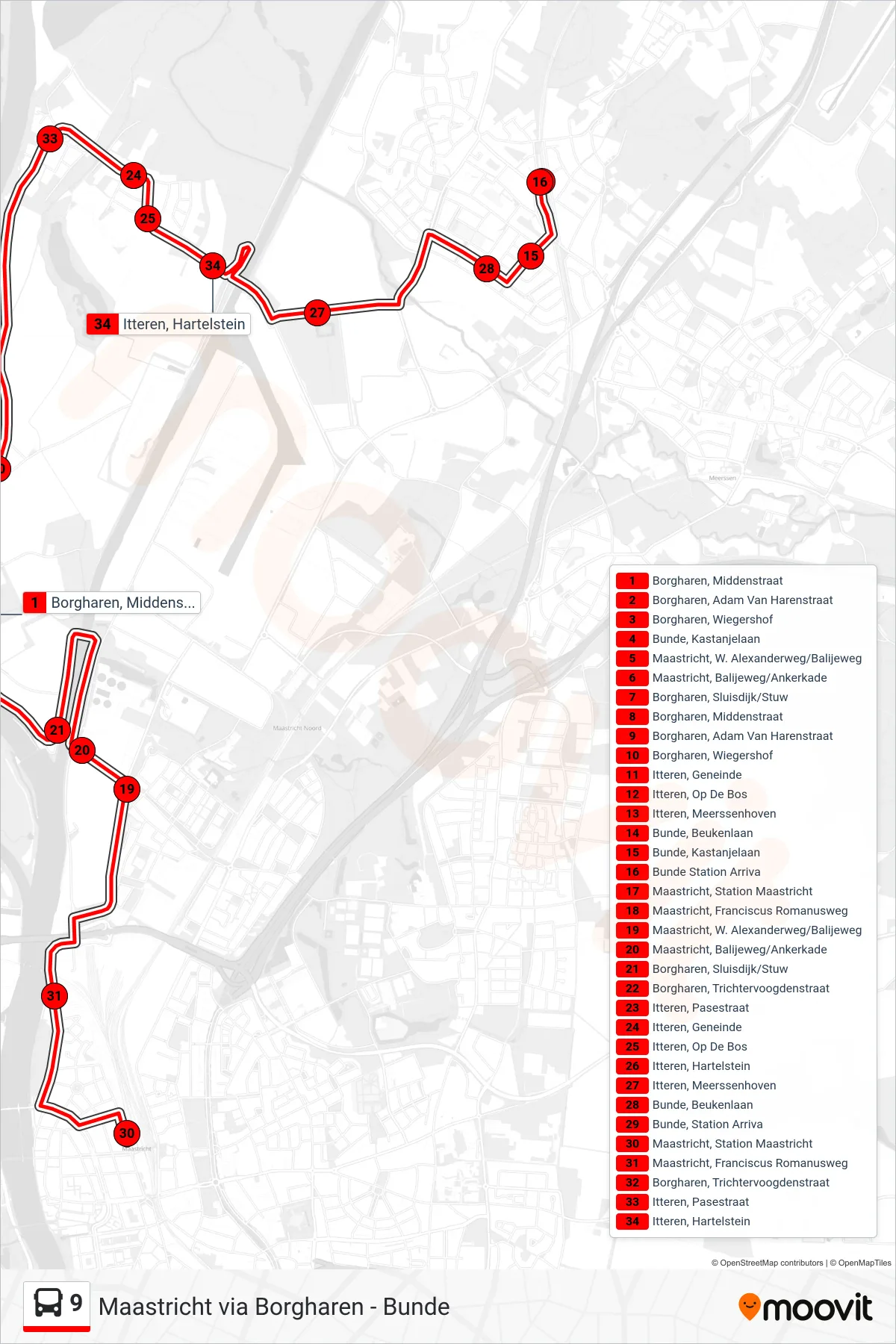 Lijn 9 (bus, Bunde): route en haltes op de kaart