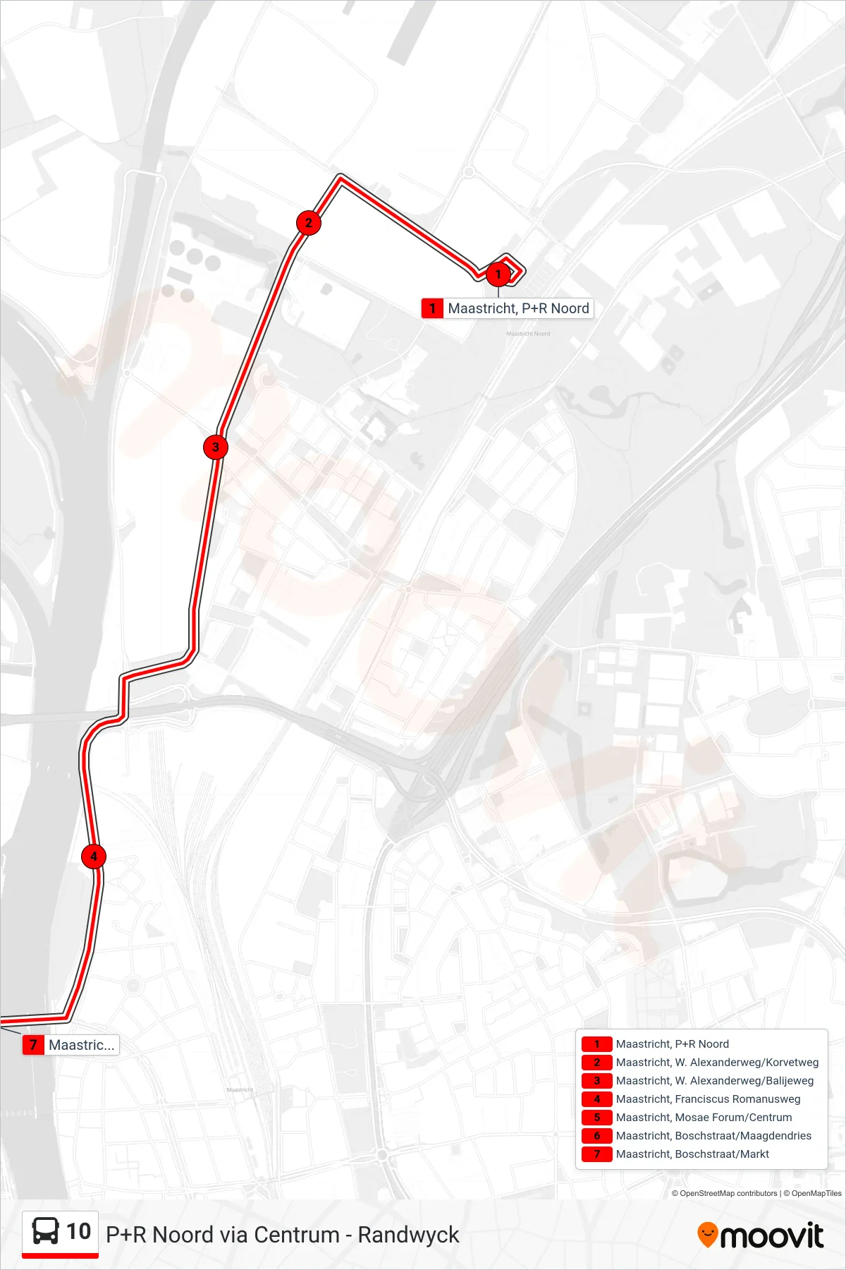 10 bus Line (Maastricht Markt) route and stops on a map