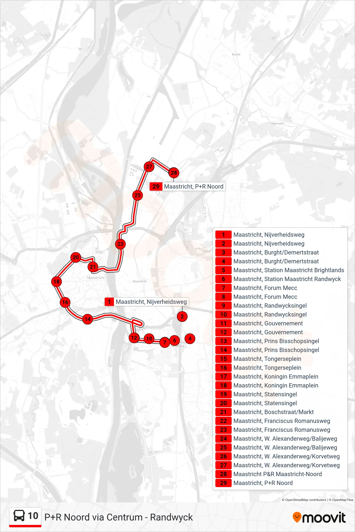 10 bus Line (P+R Noord) route and stops on a map