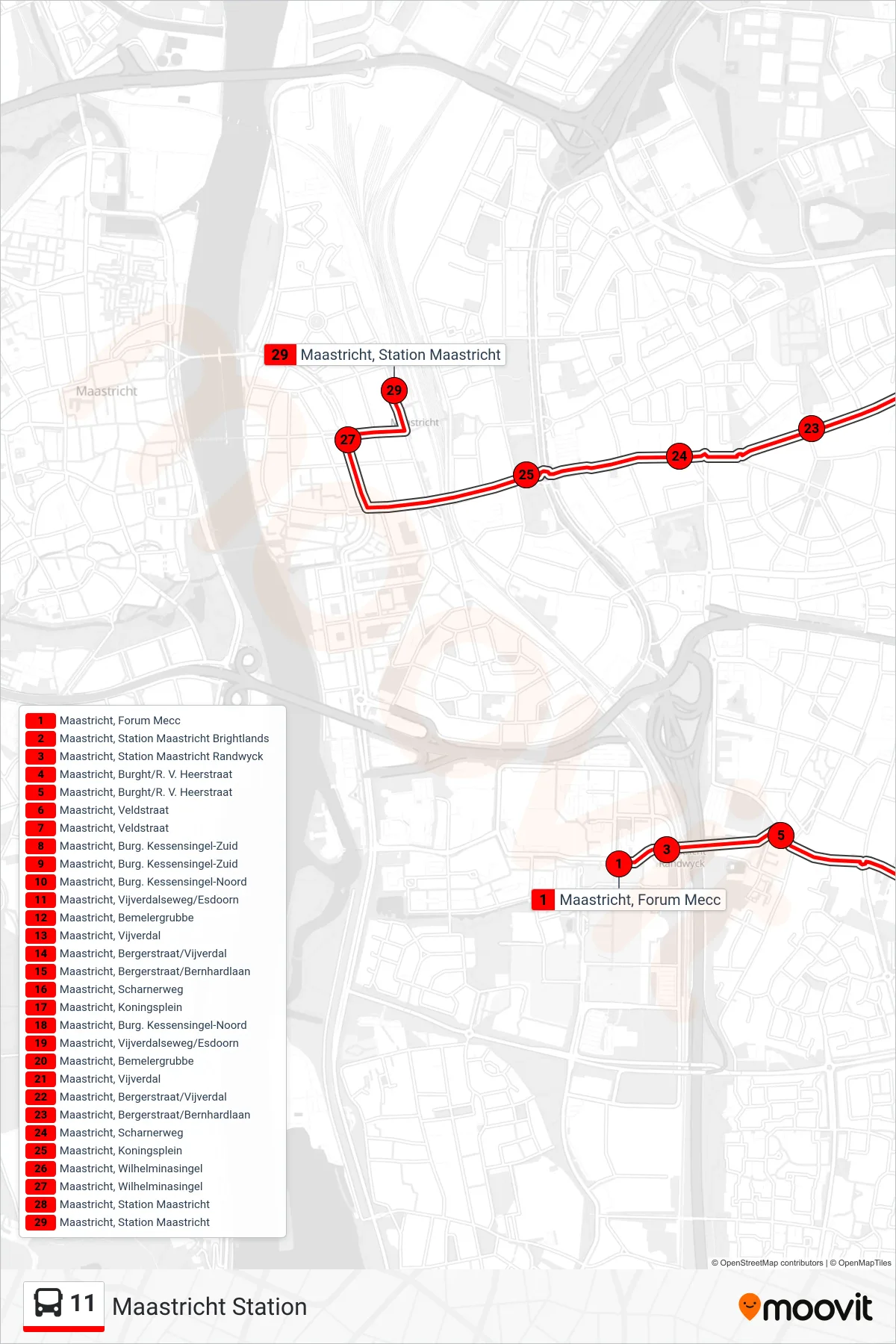 Lijn 11 (bus, Maastricht Station): route en haltes op de kaart