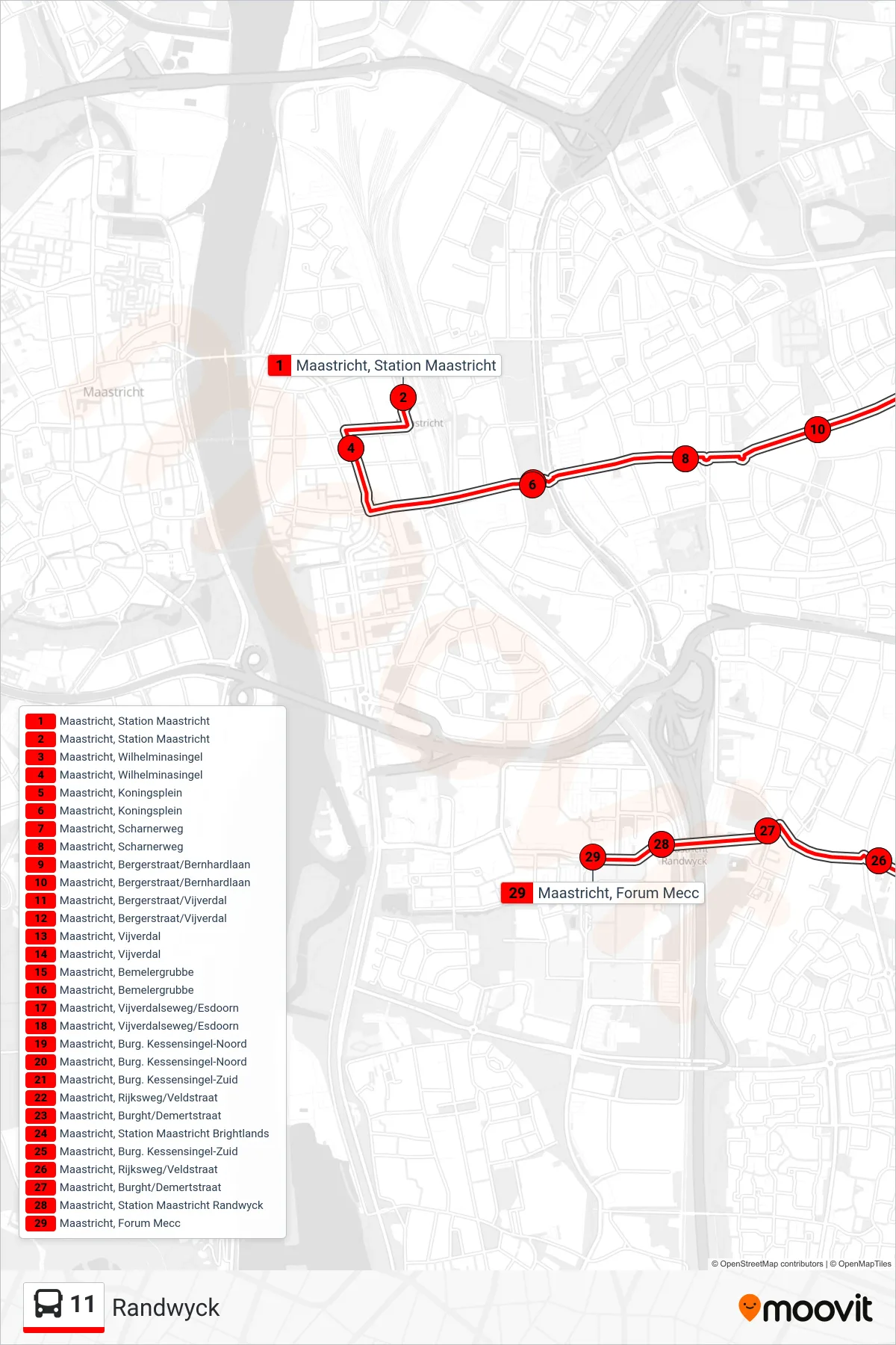 11 bus Line (Randwyck) route and stops on a map