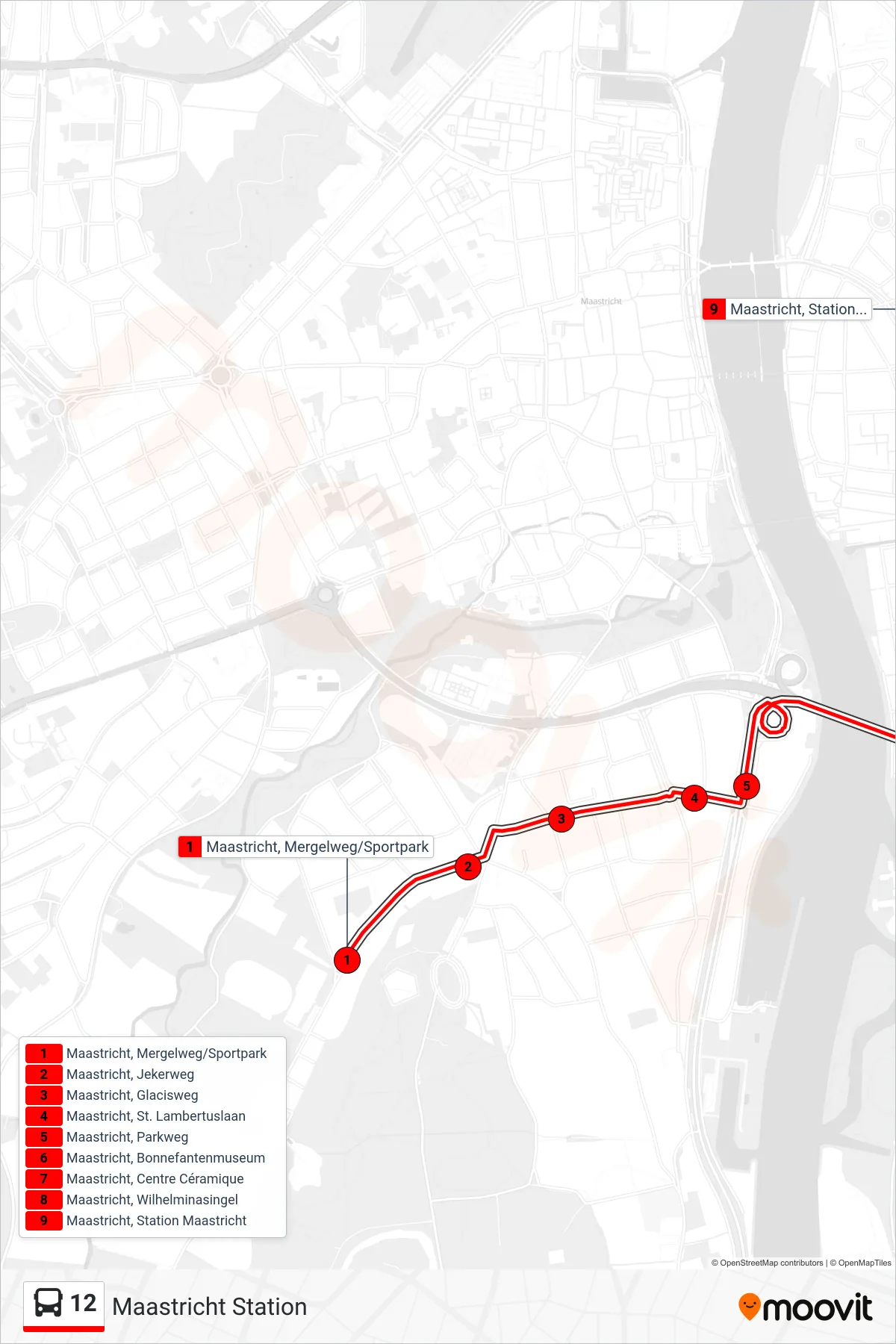 12 bus Line (Maastricht Station) route and stops on a map