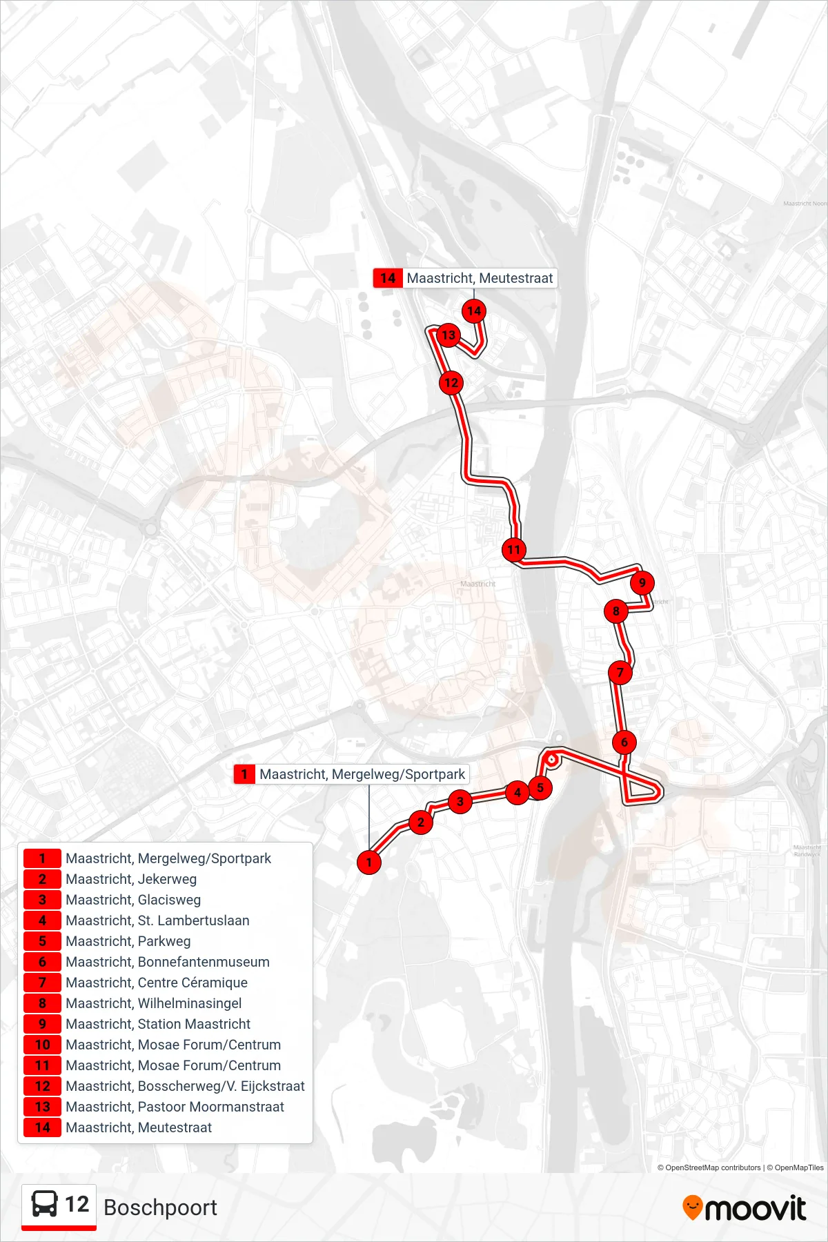 12 bus Line (Boschpoort) route and stops on a map
