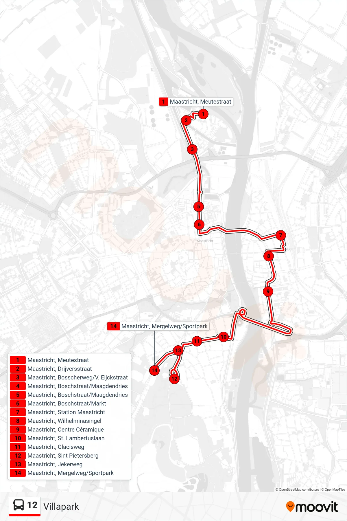 Lijn 12 (bus, Villapark): route en haltes op de kaart
