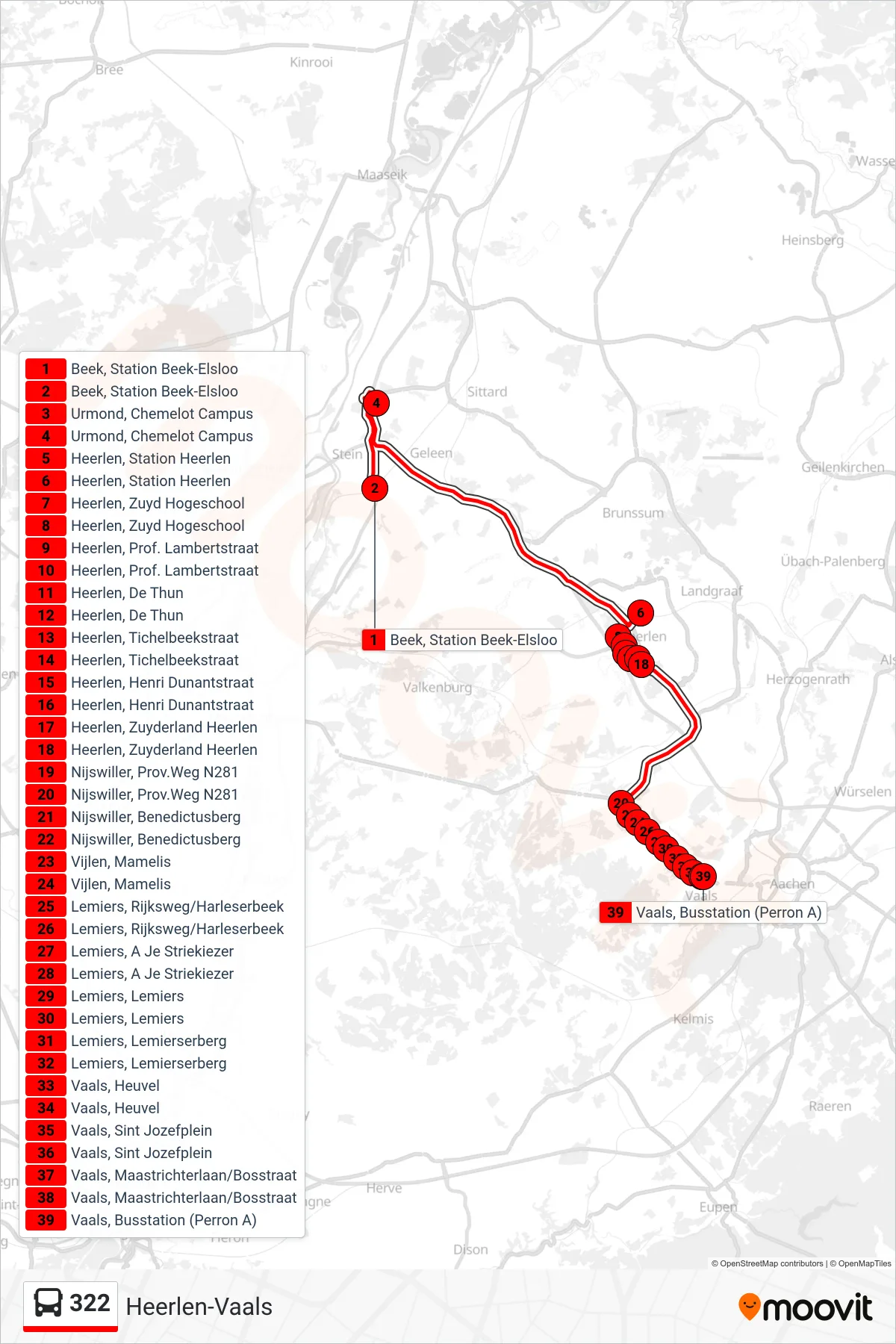 Lijn 322 (bus, Heerlen-Vaals): route en haltes op de kaart