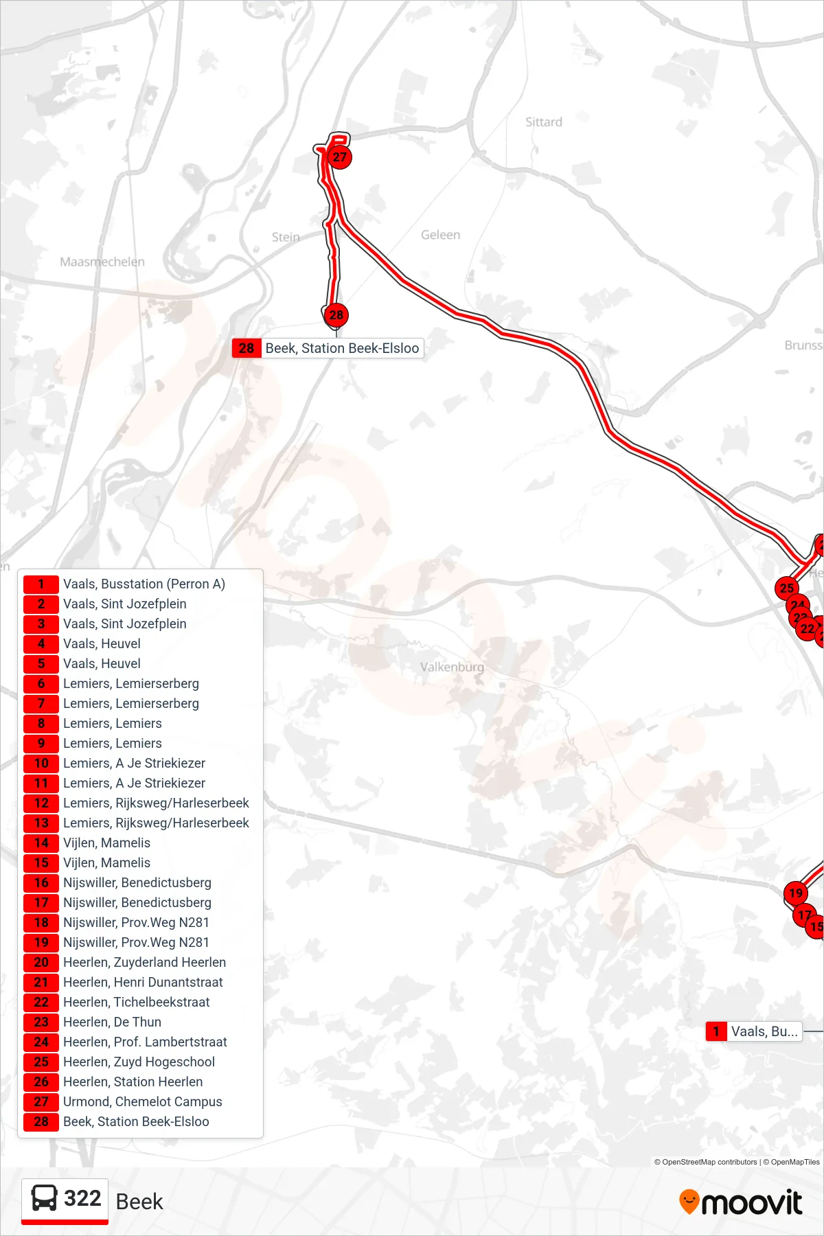 322 bus Line (Beek) route and stops on a map