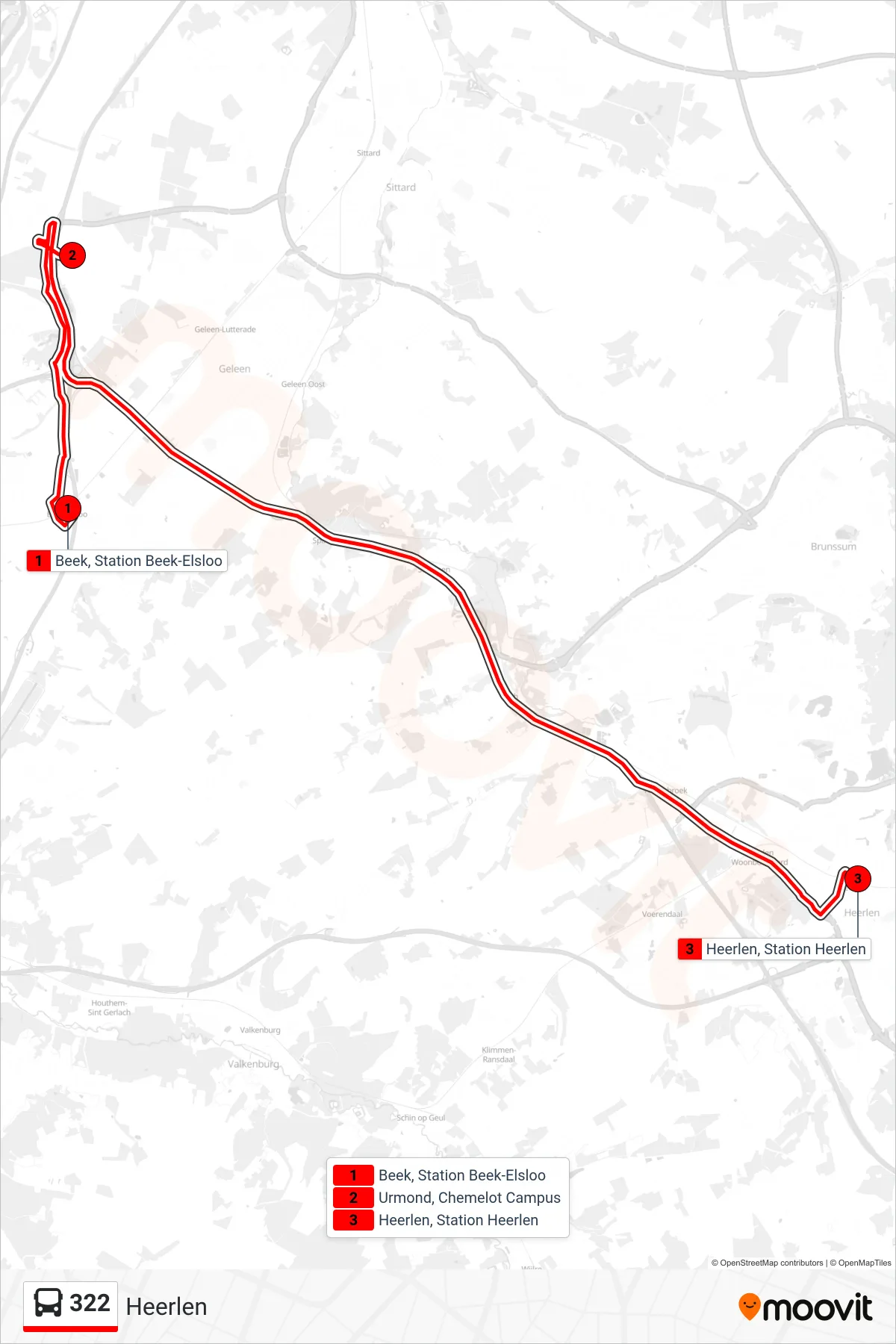 322 bus Line (Heerlen) route and stops on a map