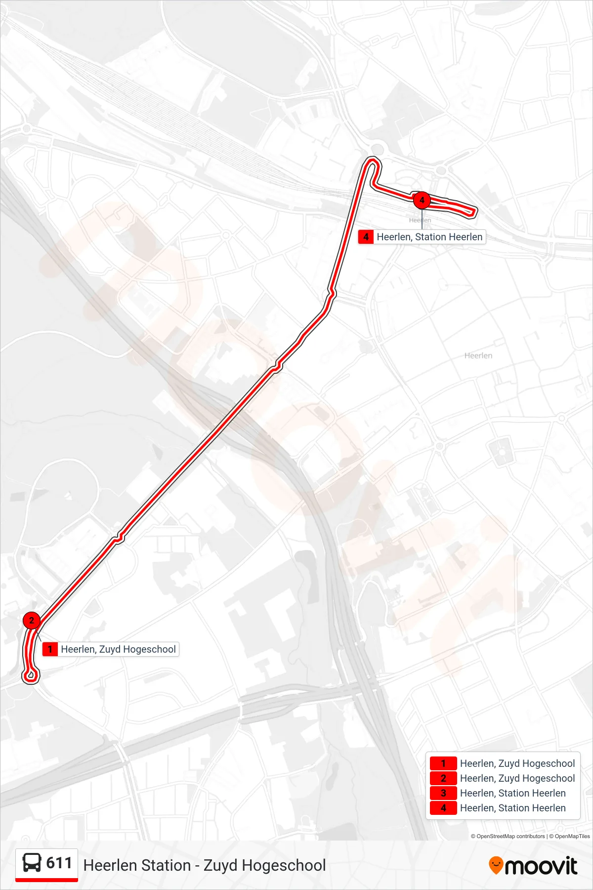 Lijn 611 (bus, Heerlen Station): route en haltes op de kaart