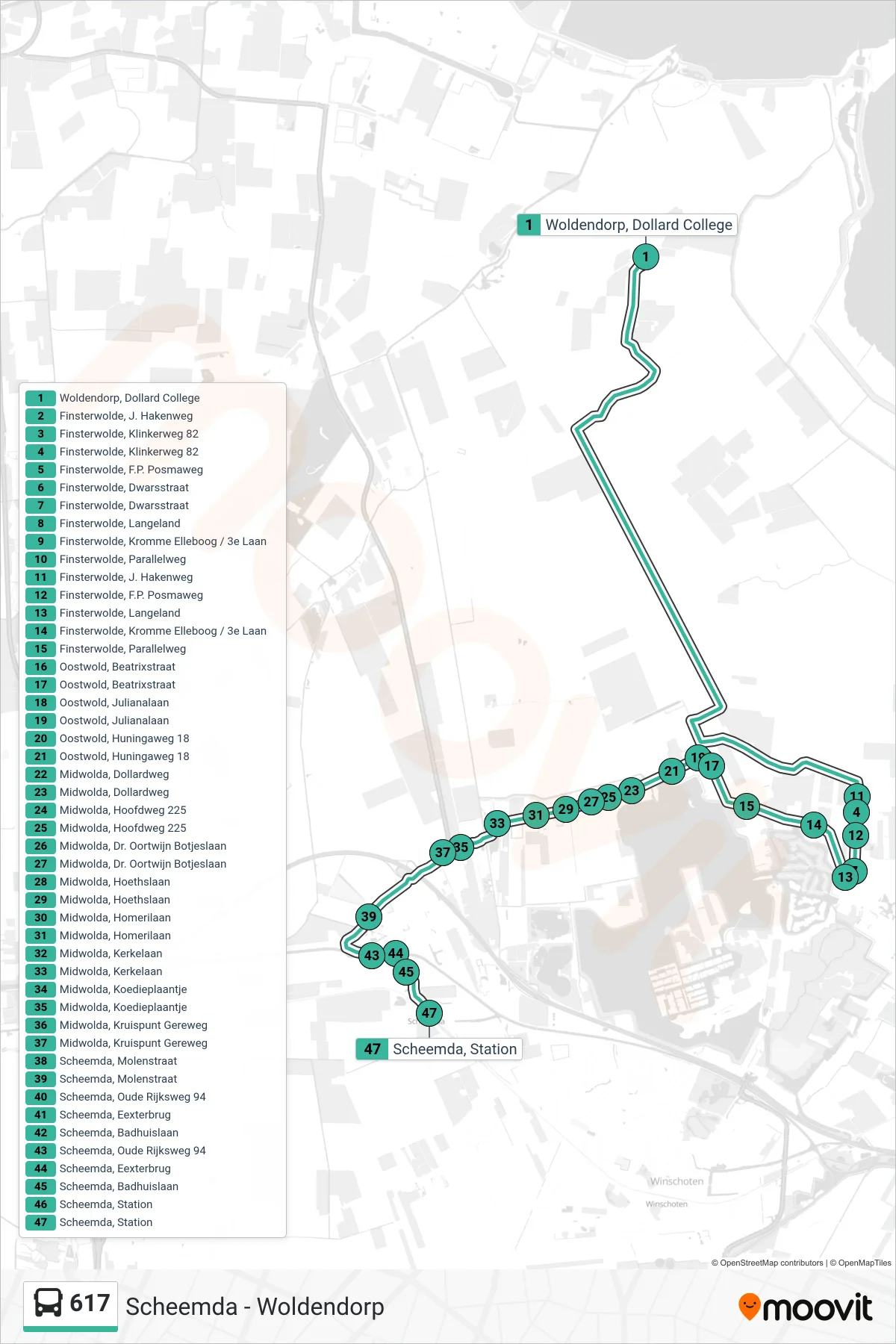 Lijn 617 (bus, Scheemda): route en haltes op de kaart
