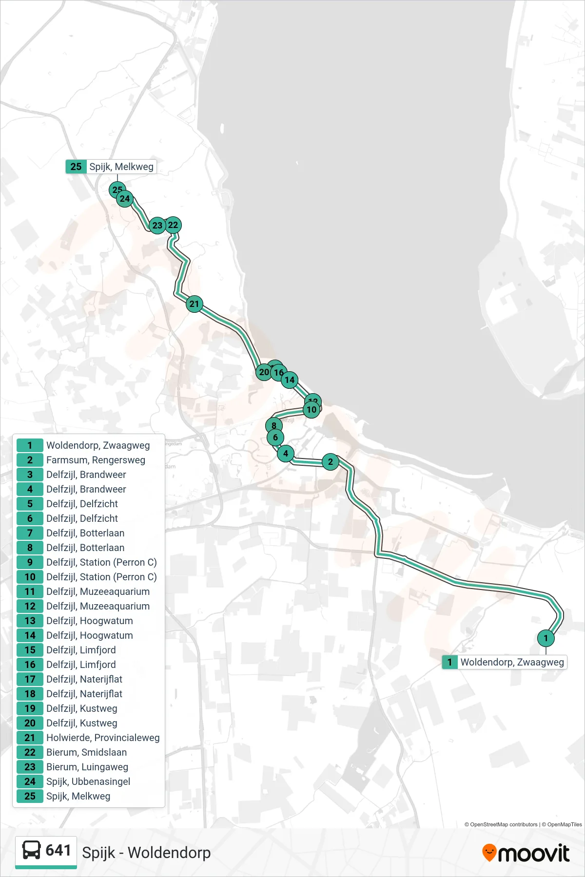 Lijn 641 (bus, Spijk): route en haltes op de kaart
