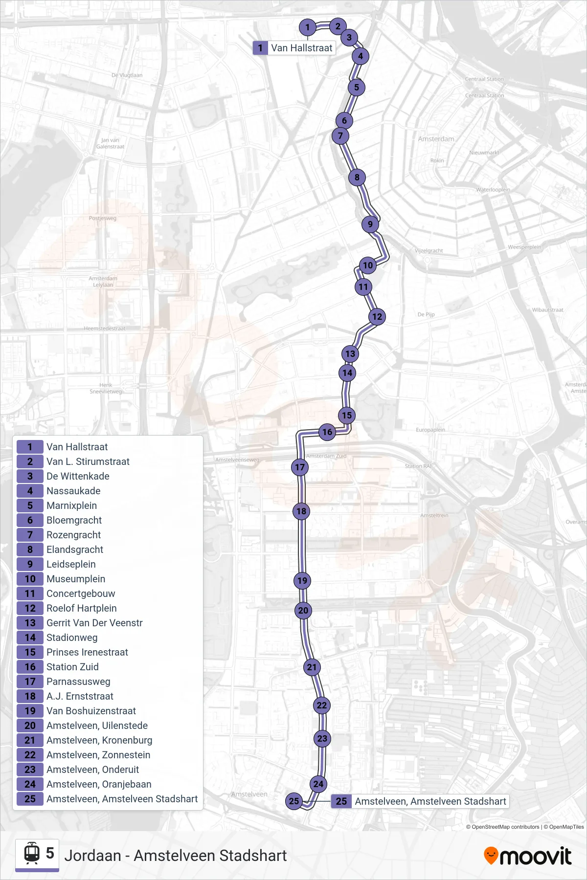 Lijn 5 (tram, Amstelveen Stadshart): route en haltes op de kaart