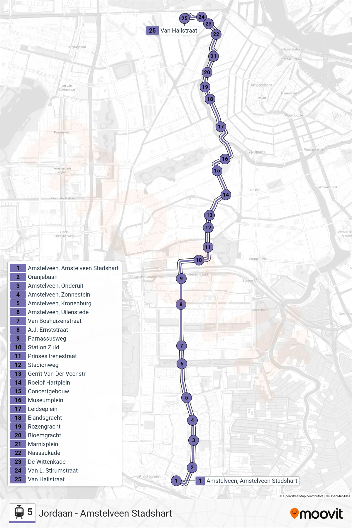 Lijn 5 (tram, Westergasfabriek): route en haltes op de kaart