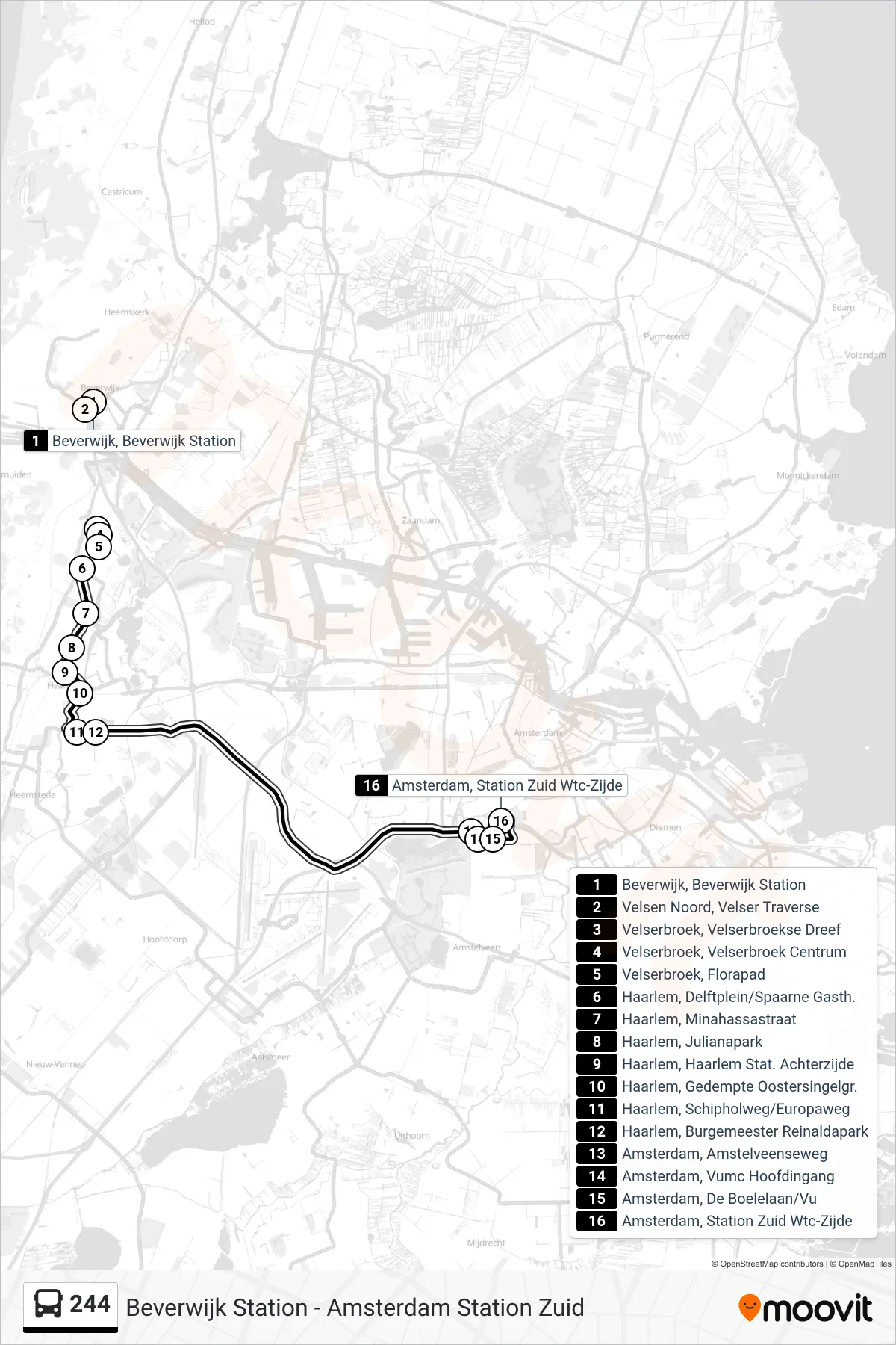 244 bus Line (Amsterdam Station Zuid) route and stops on a map