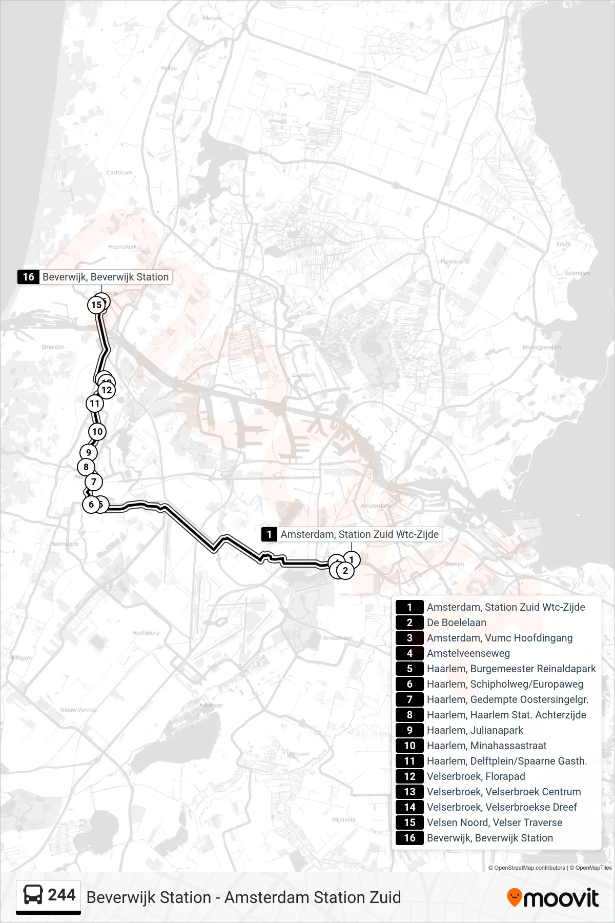 244 bus Line (Beverwijk Station) route and stops on a map