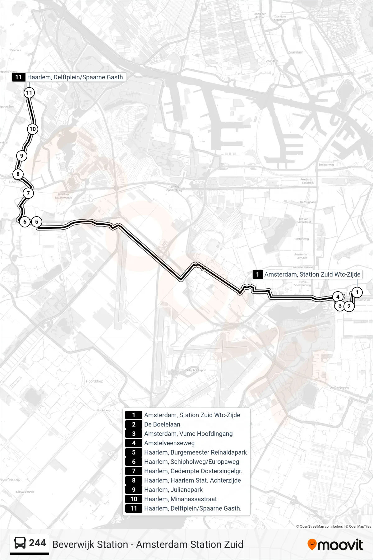 Lijn 244 (bus, Delftplein/Spaarne Gasthuis): route en haltes op de kaart