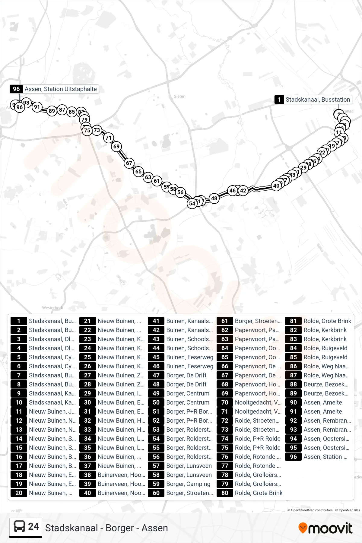 Lijn 24 (bus, Assen Via Borger): route en haltes op de kaart