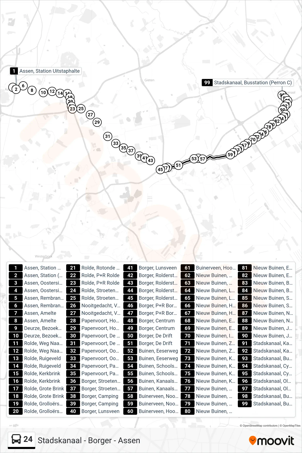 Lijn 24 (bus, Stadskanaal): route en haltes op de kaart