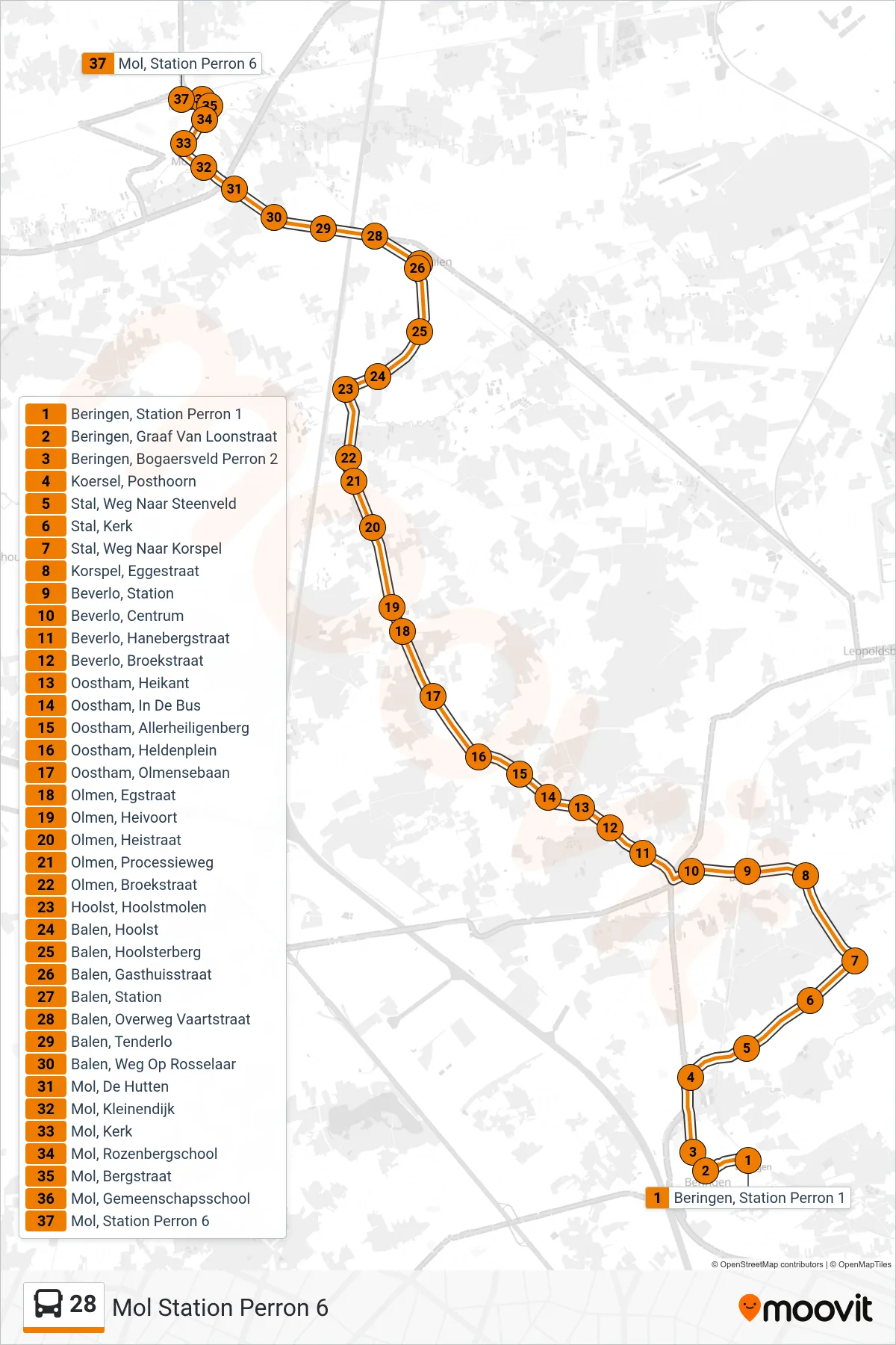 Lijn 28 (bus, Mol Station Perron 6): route en haltes op de kaart