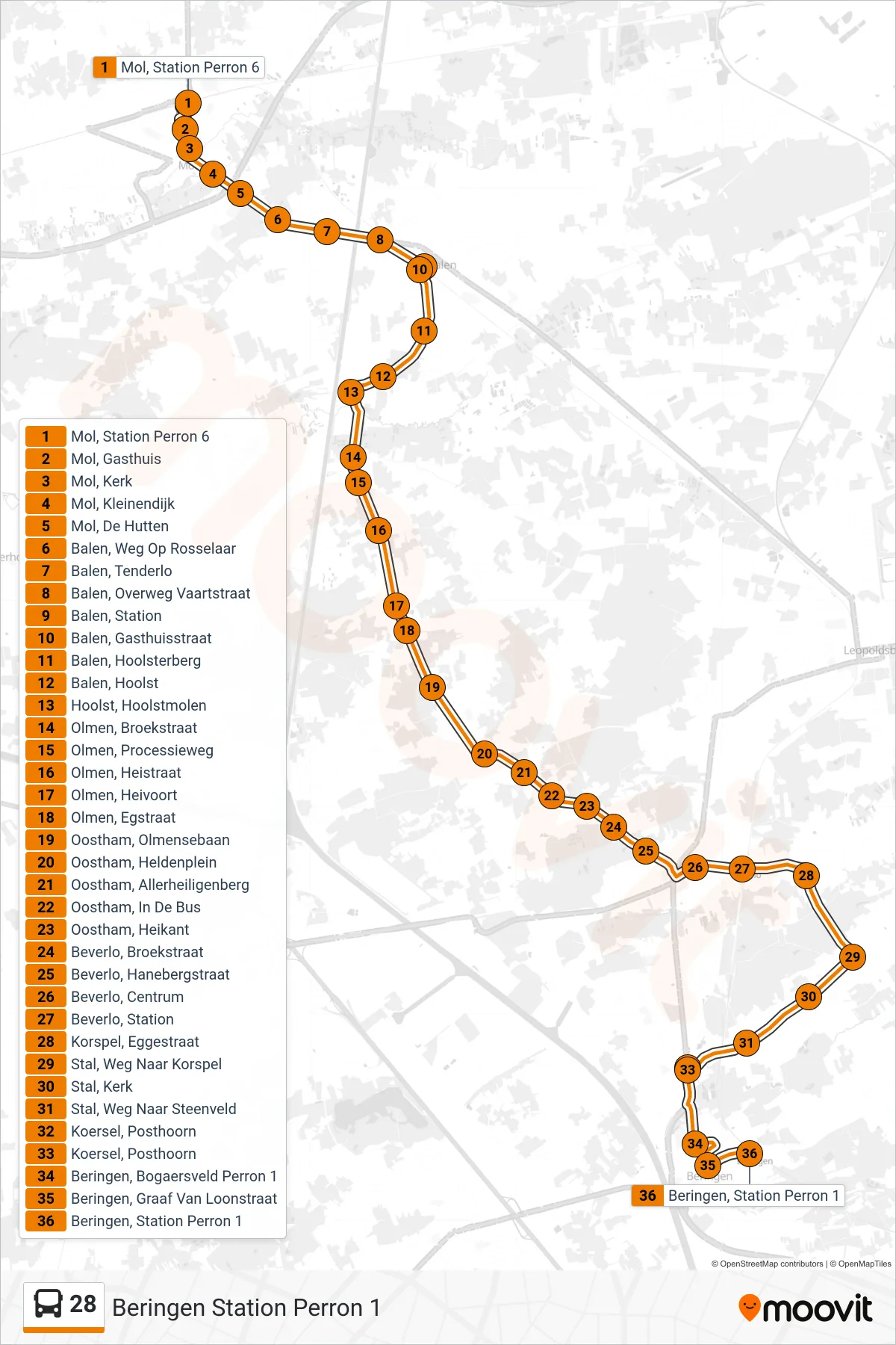 Lijn 28 (bus, Beringen Station Perron 1): route en haltes op de kaart
