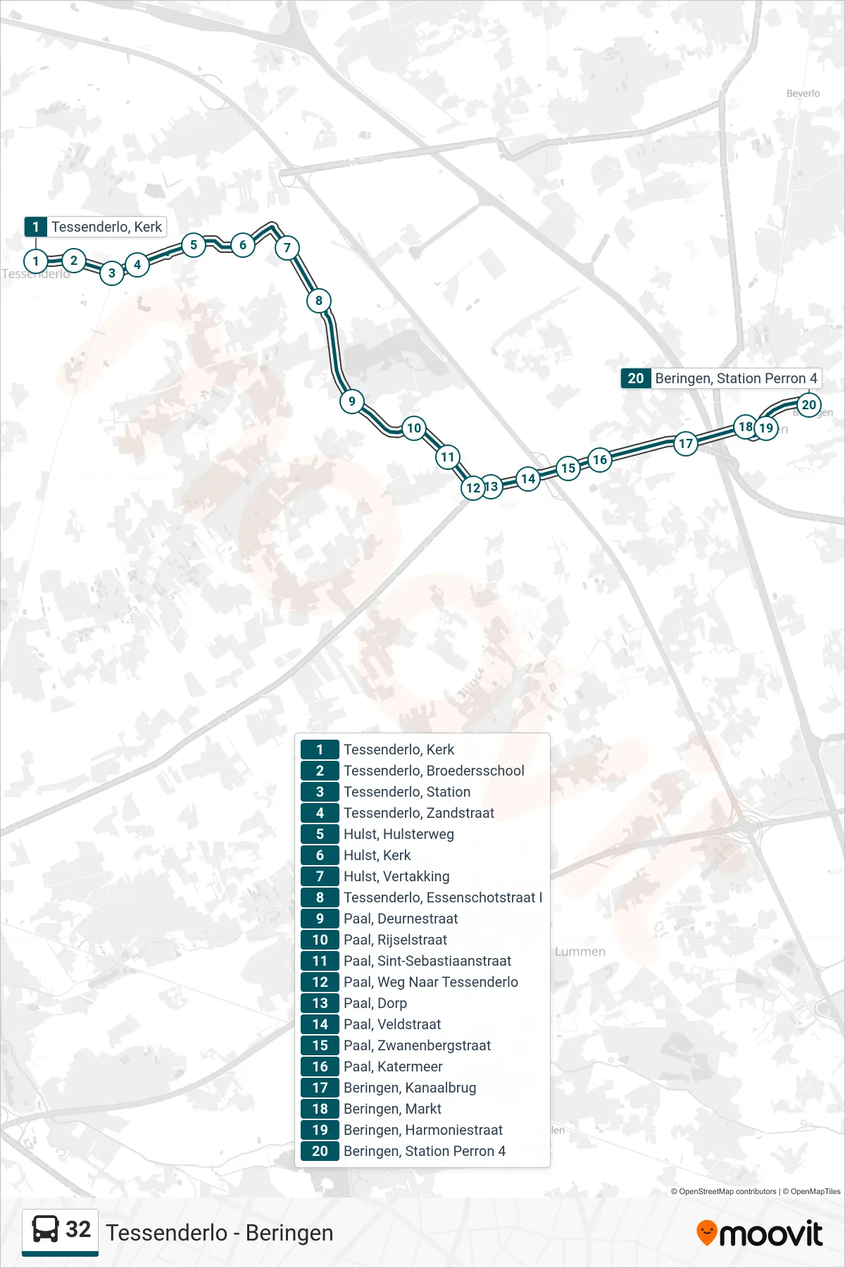 Lijn 32 (bus, Beringen Station Perron 4): route en haltes op de kaart