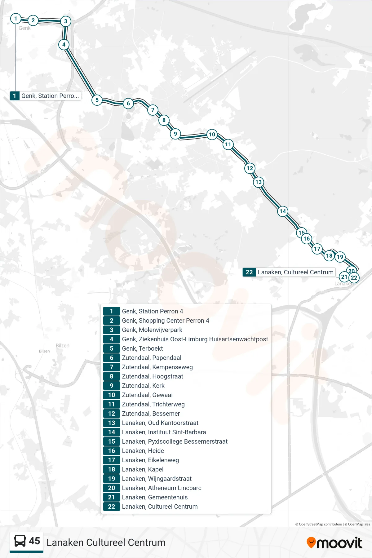 Lijn 45 (bus, Lanaken Cultureel Centrum): route en haltes op de kaart