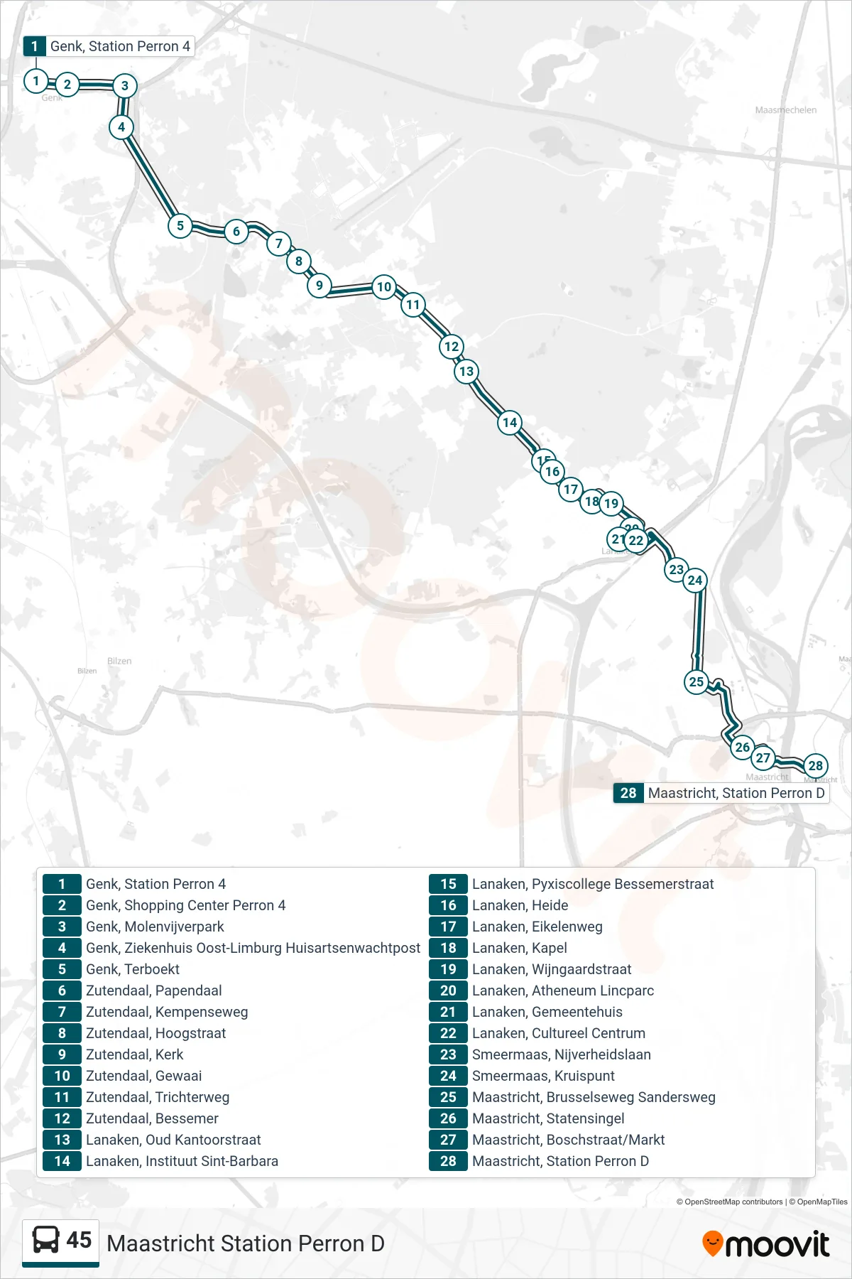Lijn 45 (bus, Maastricht Station Perron D): route en haltes op de kaart