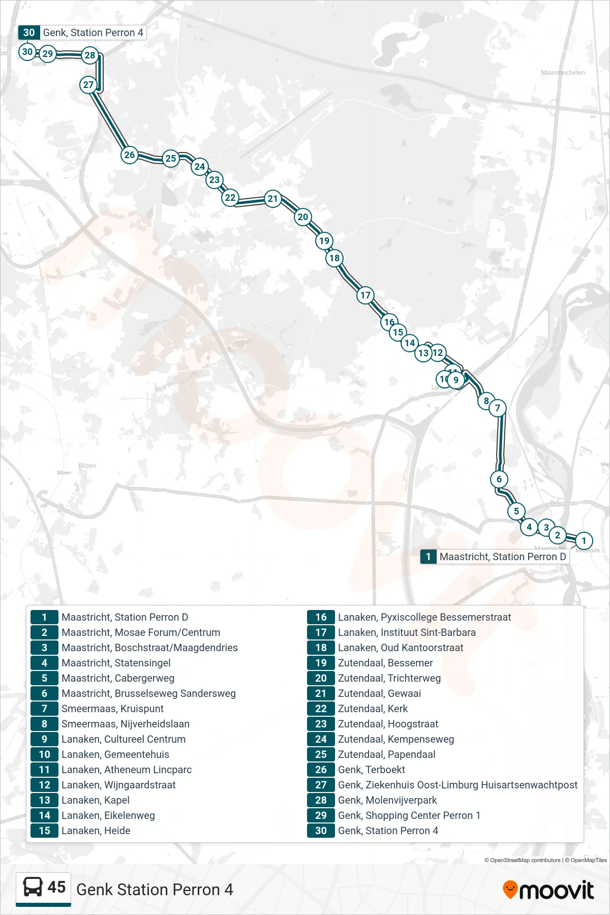 Lijn 45 (bus, Genk Station Perron 4): route en haltes op de kaart