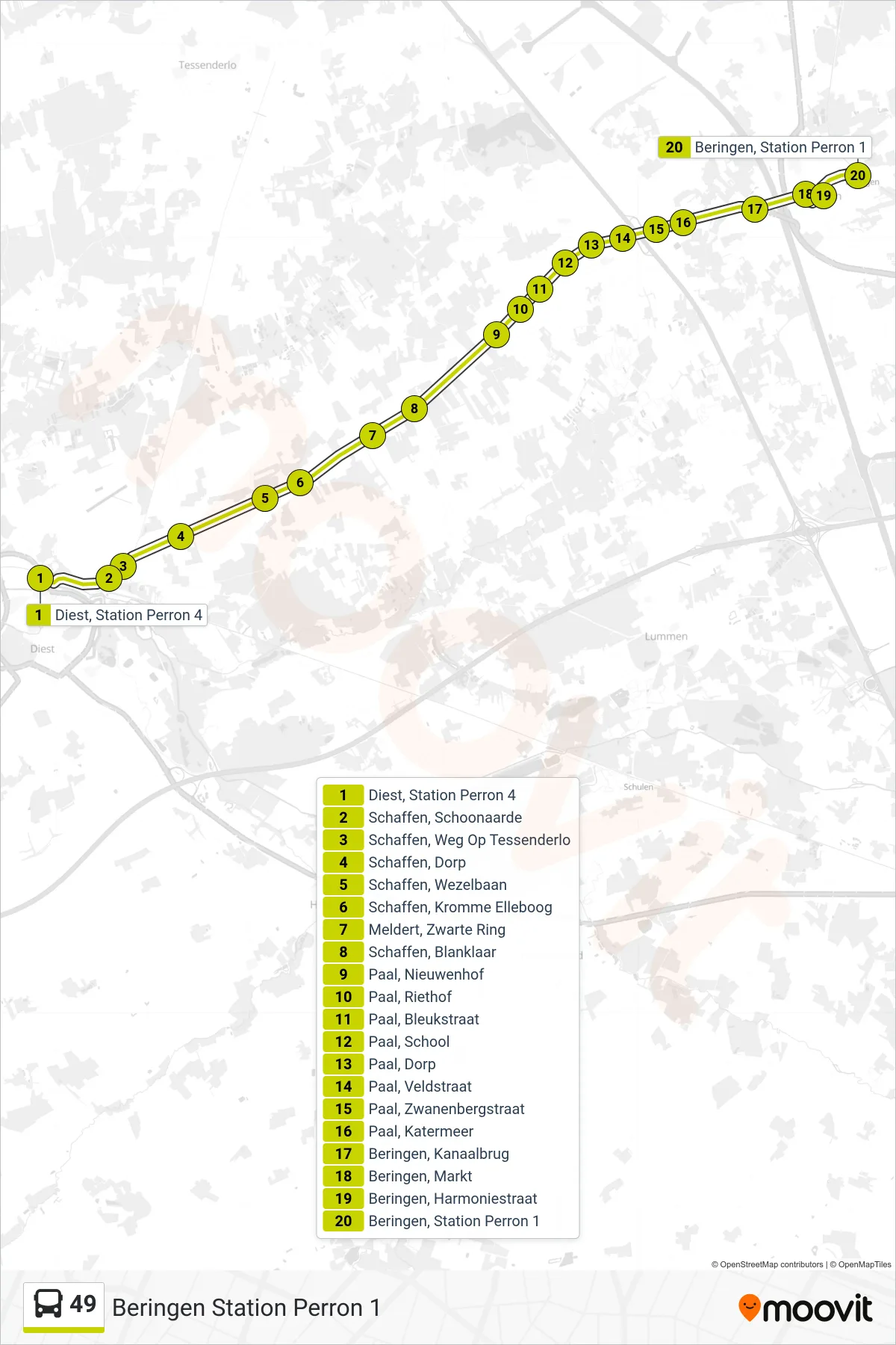Lijn 49 (bus, Beringen Station Perron 1): route en haltes op de kaart